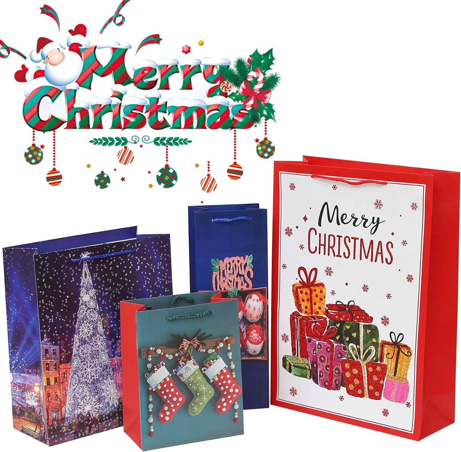 Christmas Gift Bags Bulk Set Christmas Paper Bags Assorted Sizes 3 Jumbo 5 Large 6 Medium 2 Wine Bags 16 Count Glitter Design with 12 Sheets Tissue Paper