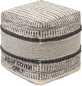 REDEARTH UNSTUFFED Pouf Ottoman Cover Textured Boho Cube Poof Decorative Pouffe Farmhouse Footrest Accent Footrest for Living Room, Bedroom, Nursery; 100% Cotton 18x18x18; Dark Gray