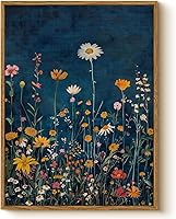 WHASAYART 12x16 Framed Botanical Wildflower Canvas Wall Art - Rustic Dark Blue Floral Print, Vibrant Vintage Flowers for Living Room Bedroom Decor