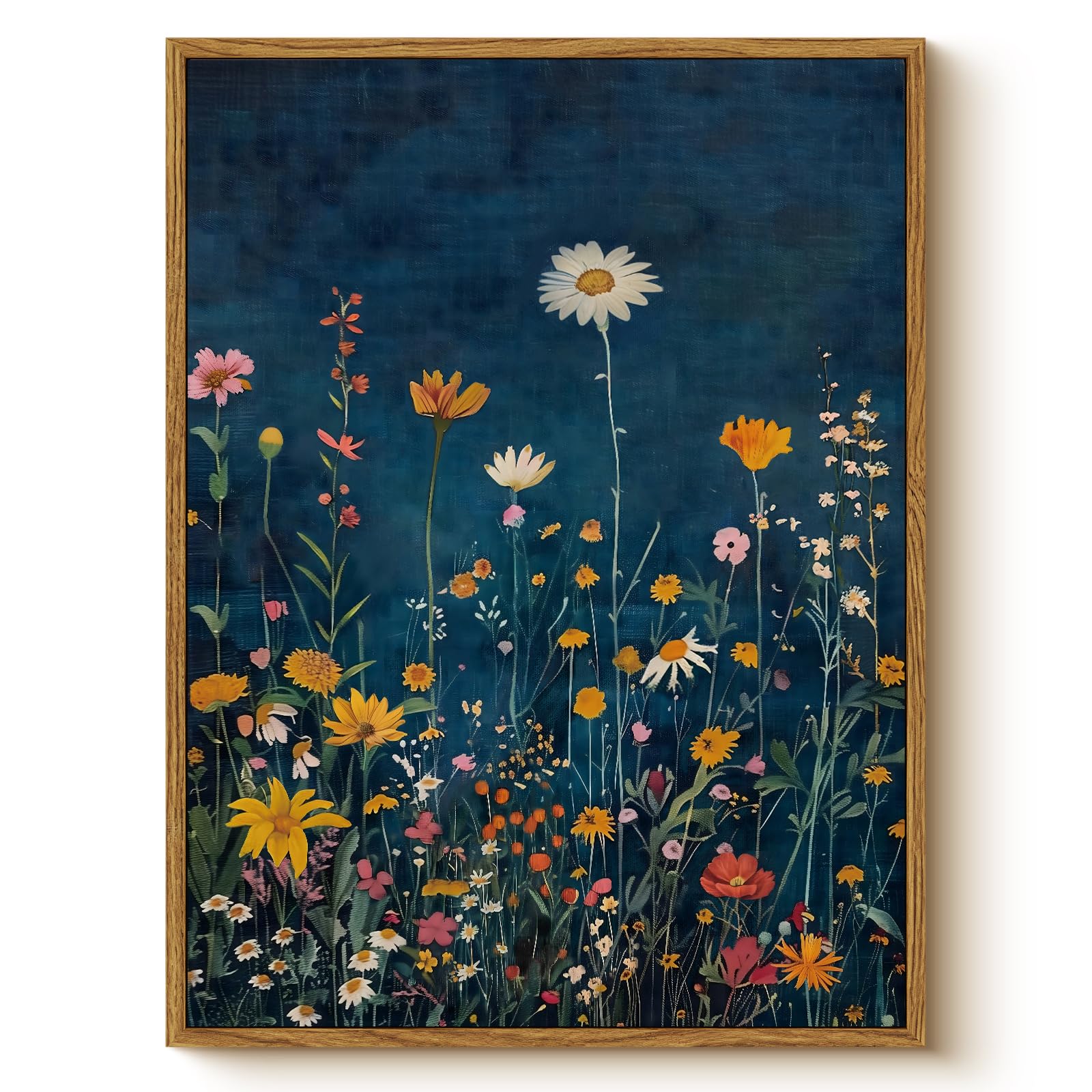 WHASAYART Botanical Floral Canvas Print 12x16 Framed Wildflower Wall Art, Rustic Dark Blue Colorful Flower Artwork, Vibrant Vintage Painting Living