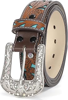 XZQTIVE Women Men Genuine Leather Belt Vintage Ladies Western Belt Engraved Tooled Leather Belt Cowboy Cowgirl Country Belt