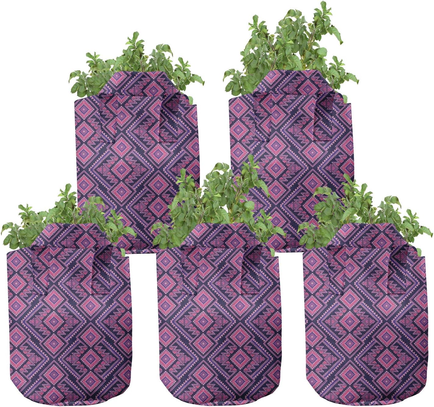 Ambesonne Aztec Grow Bags 5-Pack, Bohemian Vibrant Composition, Heavyduty Fabric Pots with Handles for Plants, Indigo Hot Pink