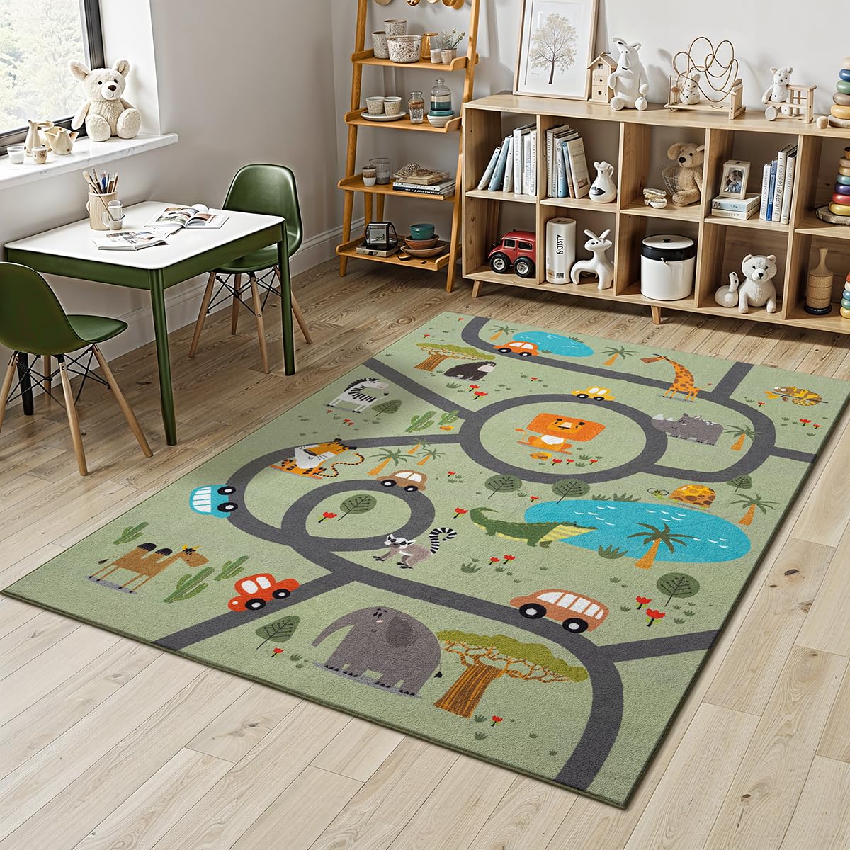 Mia´s Teppiche Joy Kids - Kinderzimmer, Kinderteppich, Spielteppich, Straßenteppich, Dschungel, Straße, Tiere, Grün, 160 x 220 cm