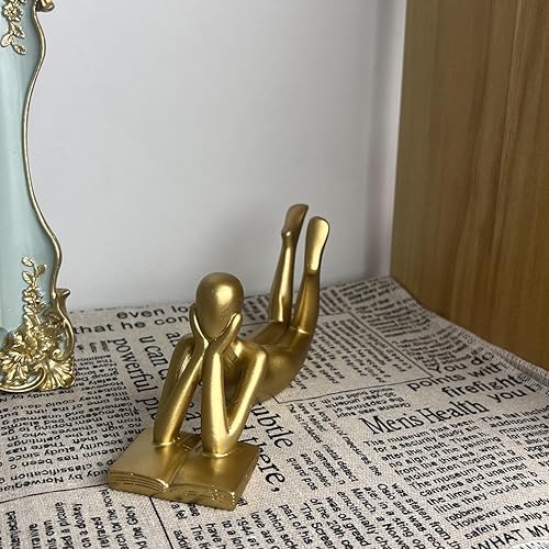 Miniatura 41 de Estatua de lectura, escultura abstracta, estatuas de resina para decoración del hogar, estante moderno de oficina en el hogar, estantería de Oro