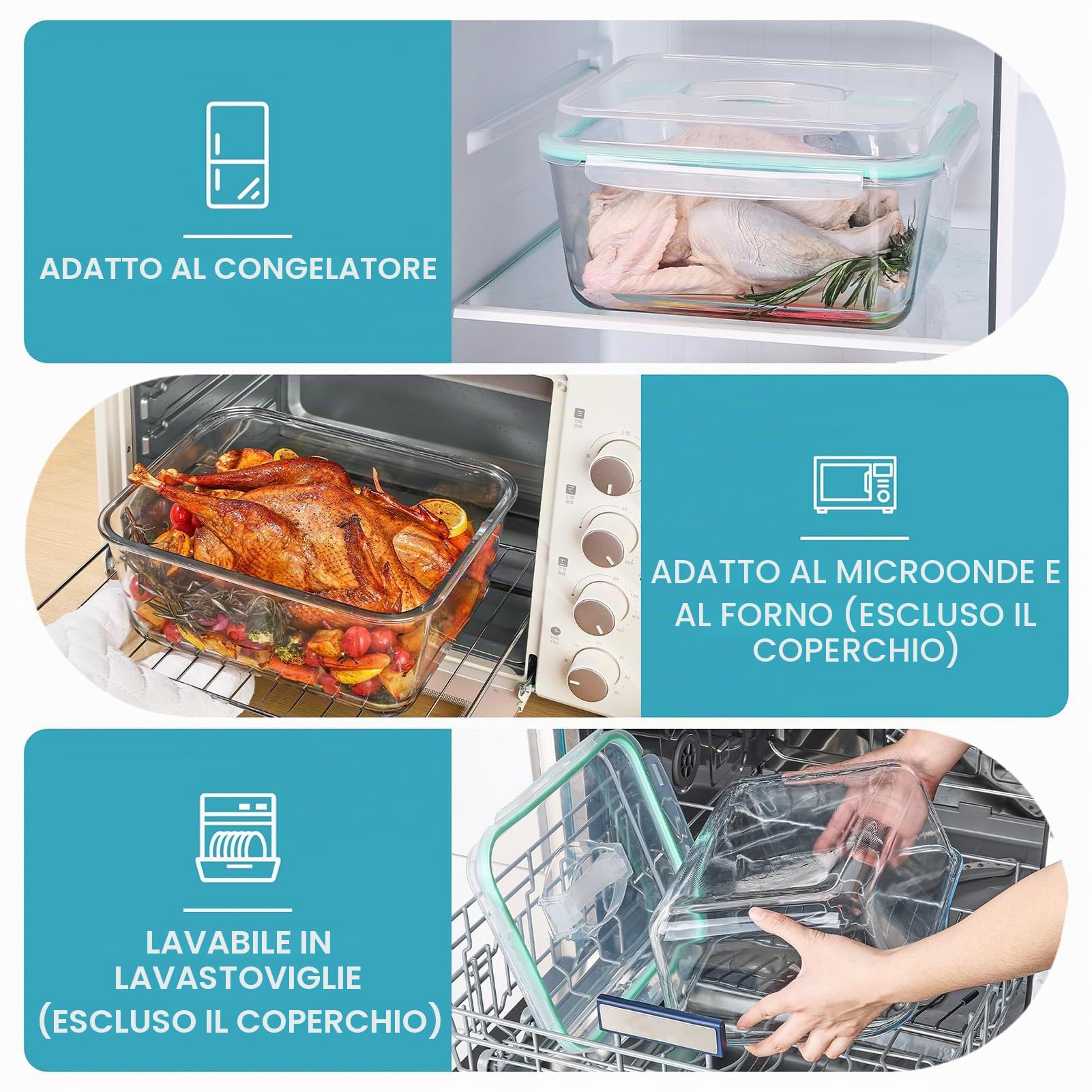 Contenitori Grandi in Vetro con Coperchio, 6 l, Ermetici, Adatti al Congelatore, Contenitori Ermetici per Alimenti per Pollo, Tacchino, Melone o Piatti di Festa