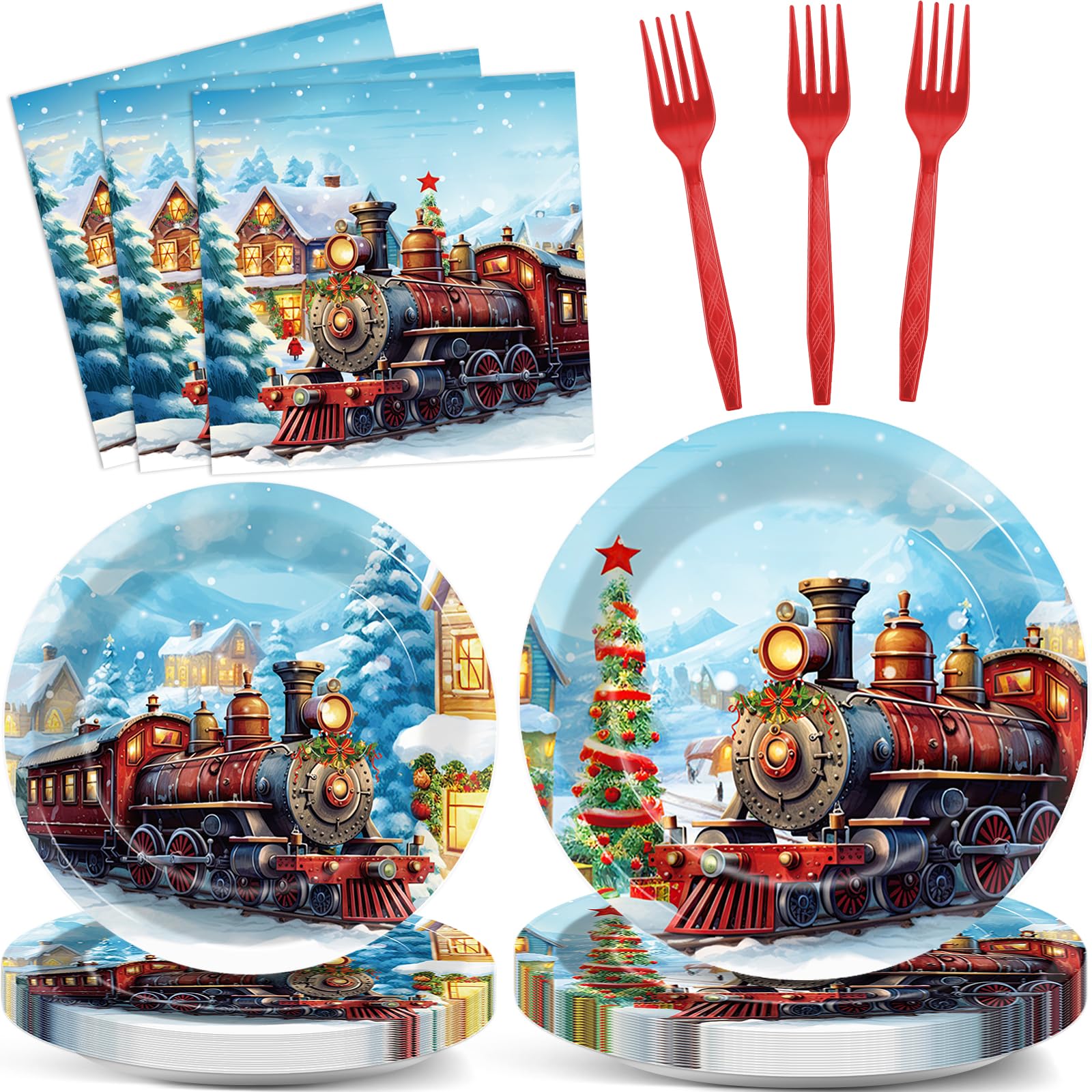 gisgfim 96 Pcs Christmas Train Plates and Napkins Party Supplies Christmas Dinnerware Tableware Set Disposable Xmas Paper Plates Party Decorations Favors for Winter Holiday Serves 24