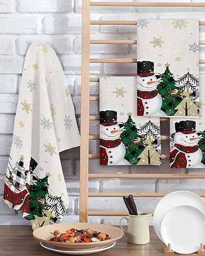 Miniatura 2 de Kitchen Towel 2 Packs Cotton Waffle Weave, Retro Plaid Xmas Tree Snowman Snowflake Christmas 16 x 24 Inch Absorbent Quick Drying Dish Towels Clothes
