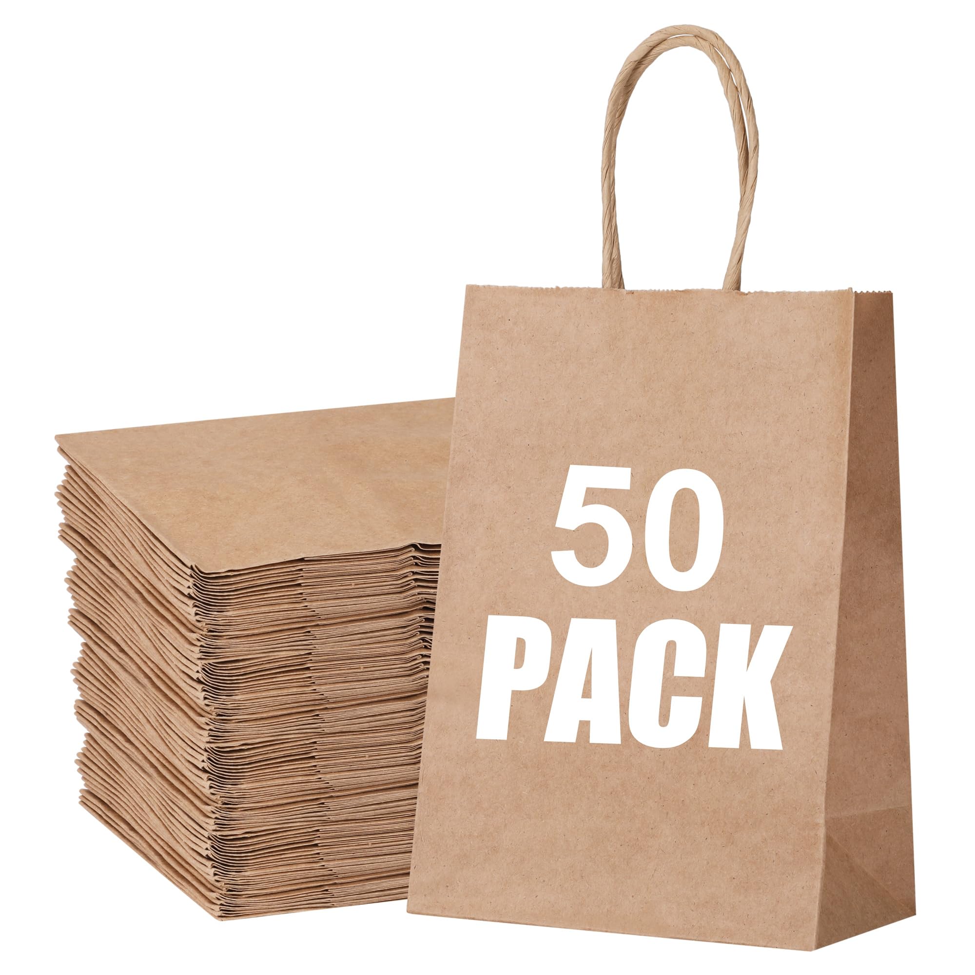 STOBOCTER 50Pcs Paper Gift Bags, 5.9"x3.15"x8.25" Gift Wrap Bags with Handles, Brown Kraft Paper Bags for Small Business, Paper Bags Bulk for Birthday