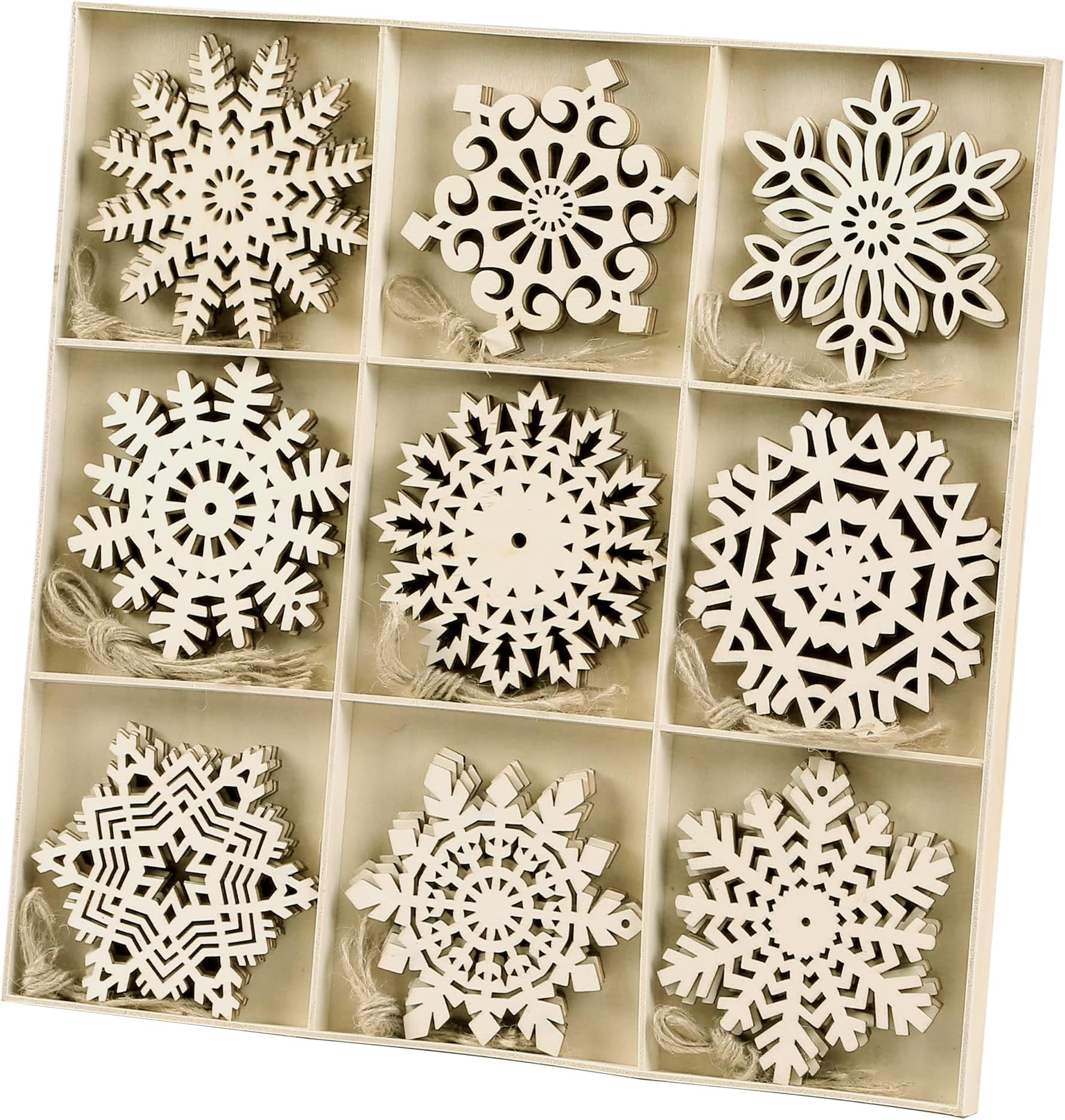 SggvecsyUnfinished Wooden Snowflakes Ornaments, 36Pcs Christmas Tree Hanging Decoration Wood Cutouts DIY Craft Snowflake Shaped Embellishments Xmas Rustic Crafts with Twine (4 inch)