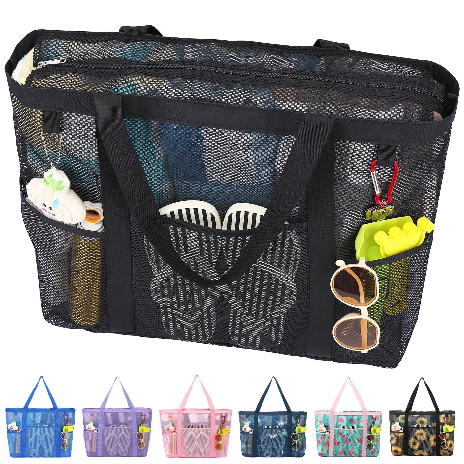 Fammart Mesh Beach Bag with Zipper for Women, Large Beach Tote Sandproof Toys Pool Swim Bag Travel Vacation Cruise Essentials