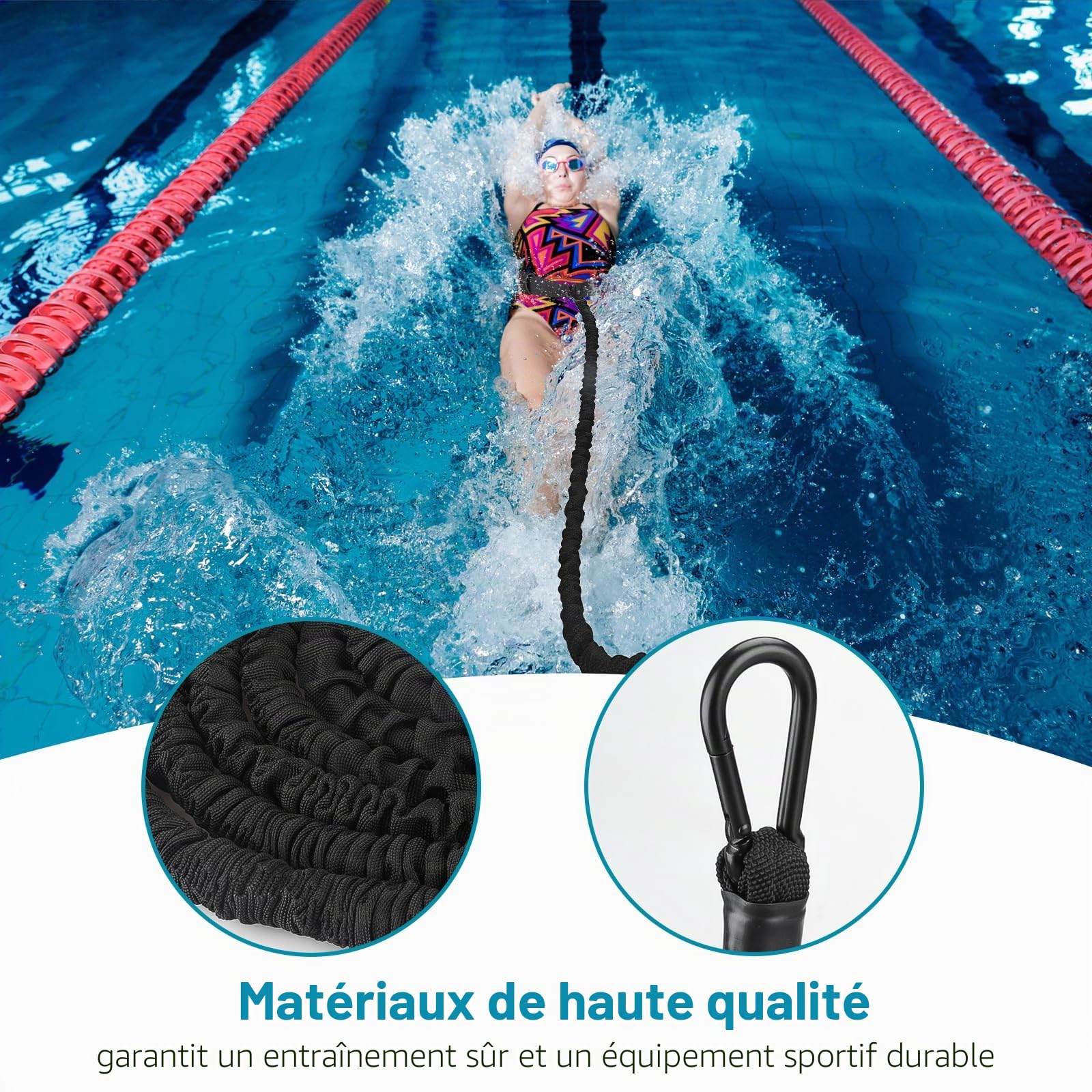 TUT Ceinture de Natation, Ceinture de Natation pour la Piscine Corde de Natation (4 à 10 m), Elastique de Nage Piscine Ceinture d'entraînement Réglable pour Adultes - Nage Contre Courant Ceinture