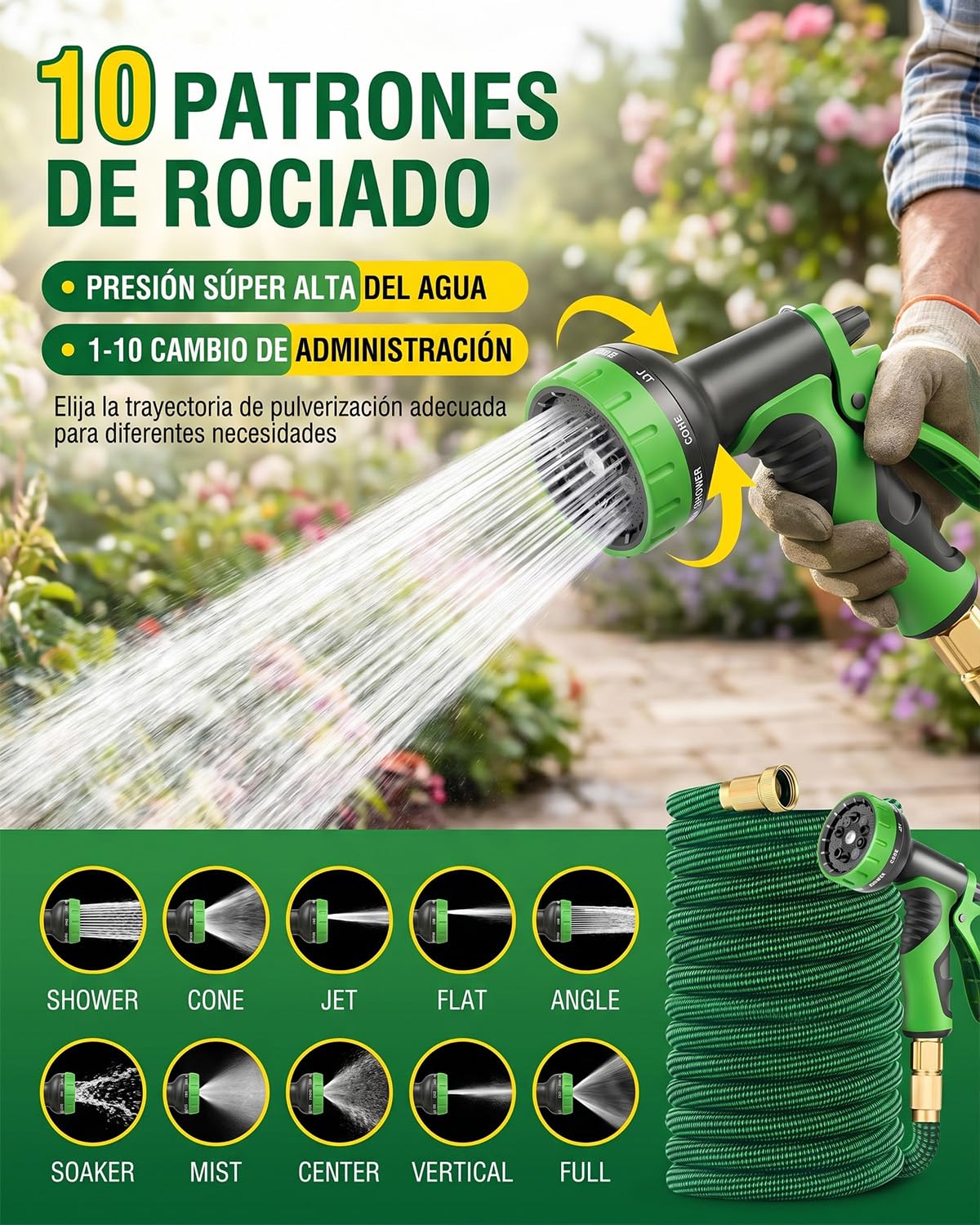Manguera Extensible 45Metros con Pistola 10 Funciones, Ideal para Jardín, Limpieza de Coche y Terraza, 4 Capas Antifugas, Conectores de Latón