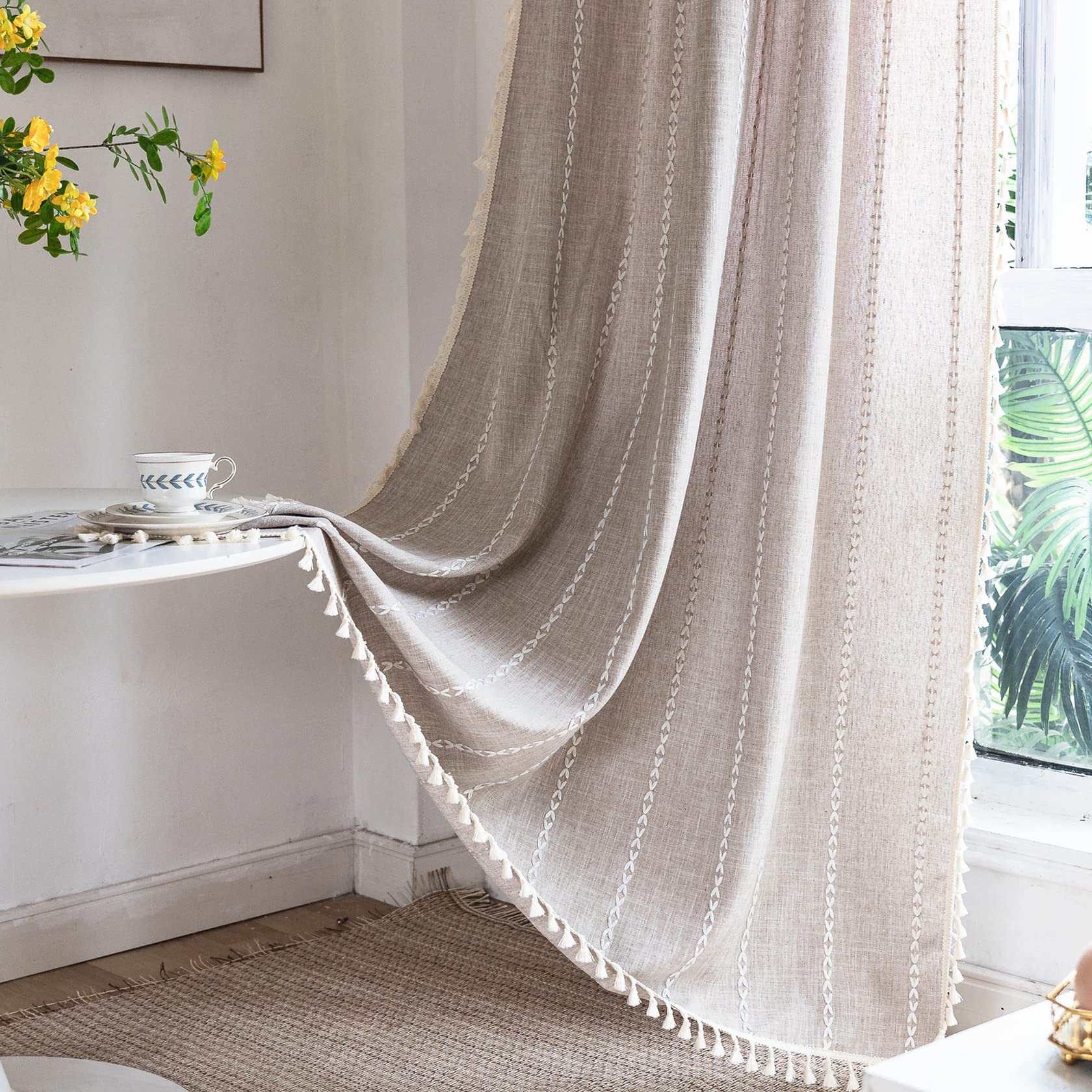 Deeprove Boho Curtain 84 Inches Length for Bedroom, Cotton Linen Weighted Taupe Stripes Embroidery, Semi Blackout Bohemian Retro Window Treatment