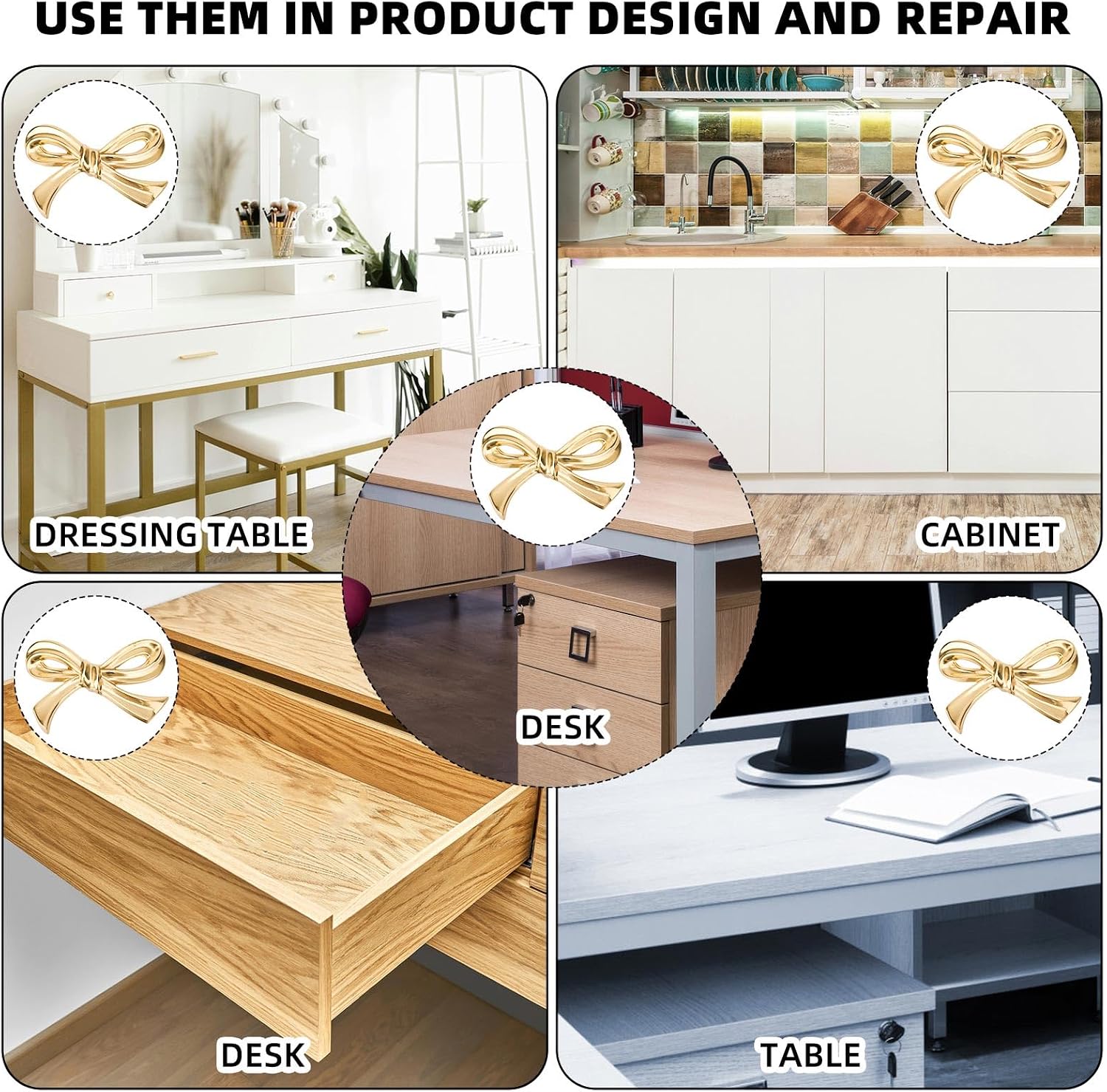 3pcs Bow Shape Dresser Knobs, Gold Bow Drawer Cabinets Knobs Decorative | Bow Dresser Handle Gold Bow Hardware for Dresser Home Kitchen Furniture Door Cupboard Drawer Wardrobe Pulls