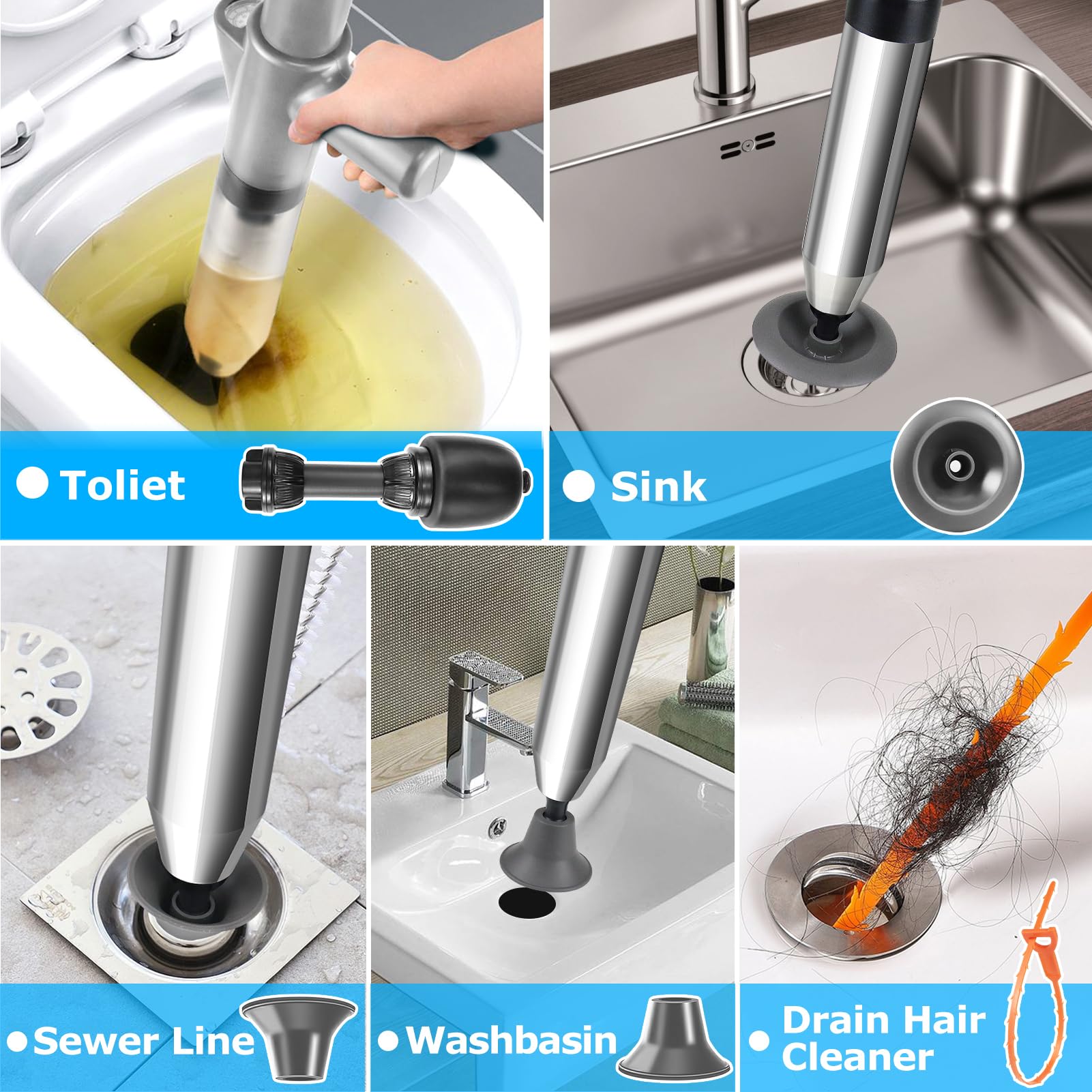 LightingWill Ensemble de déboucheur de toilettes haute pression robuste avec un support et 4 têtes remplaçables, outils de débouchage de toilettes pour déboucher le drain de sol et le bouchon de tuyau