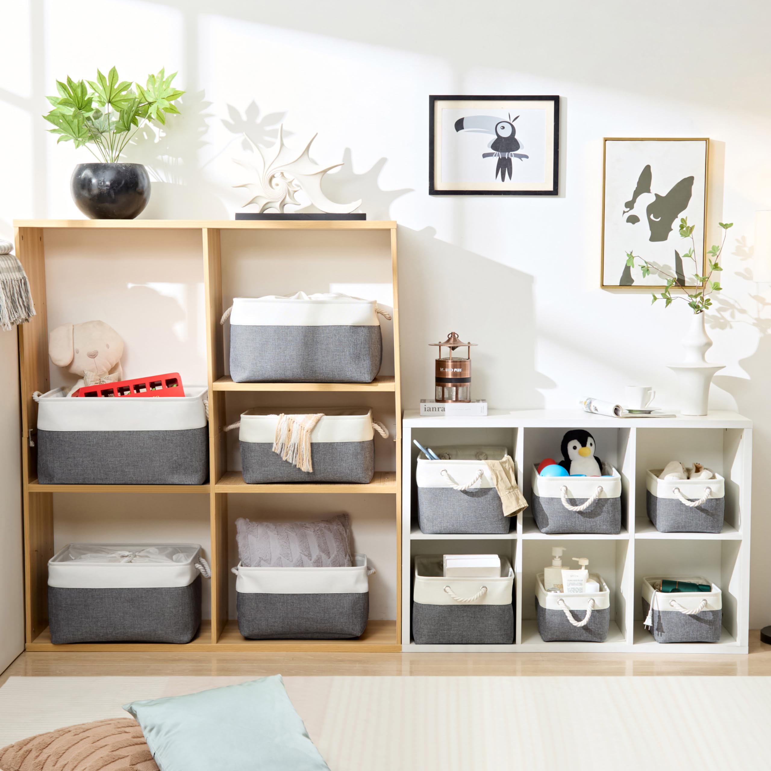 Stoff-Aufbewahrungsbox, 3er-Set, Faltbare Stoff-Aufbewahrungskörbe mit Griffen für Schränke, Kleiderschränke, Regale, Kleidung, Spielzeug, Handtücher, Badezimmer (klein, kaltes Grauweiß)