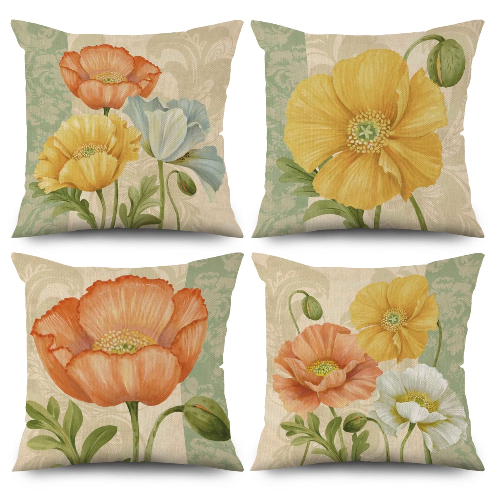 ASDCXZ Flower Pillow Cover 40x40 cm 4er Set, Retro Yellow Beige Sofa Cushion Deco Cushion Covers Washable Polyester Flax Textile Outdoor Upholstery โ image 1