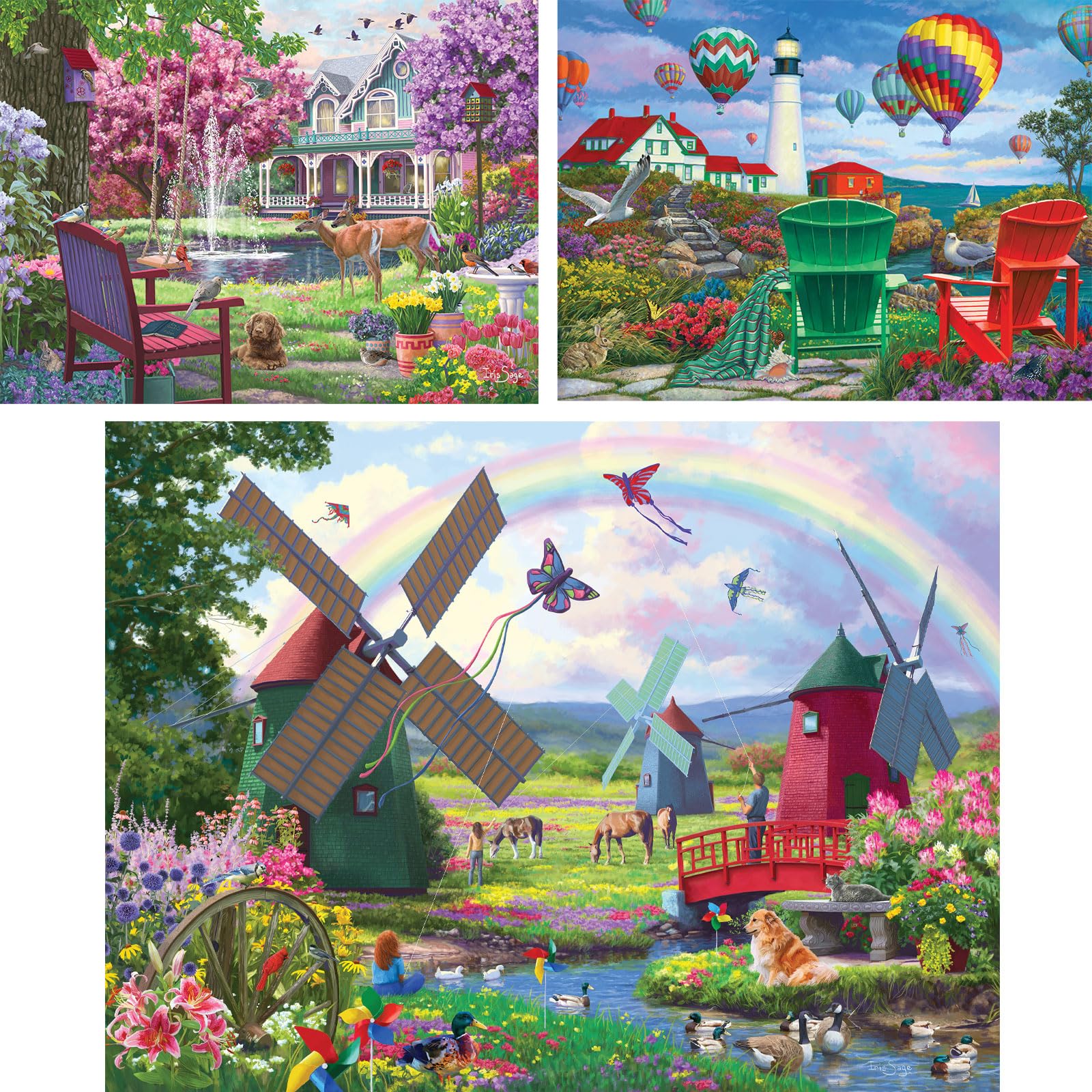 Bits and PiecesValue Set of Three (3) - 300 Piece Jigsaw Puzzles for Adults - Large Piece 300 pc Colorful Nature Jigsaws Bundle by Artist Iris Sage - 18” x 24”
