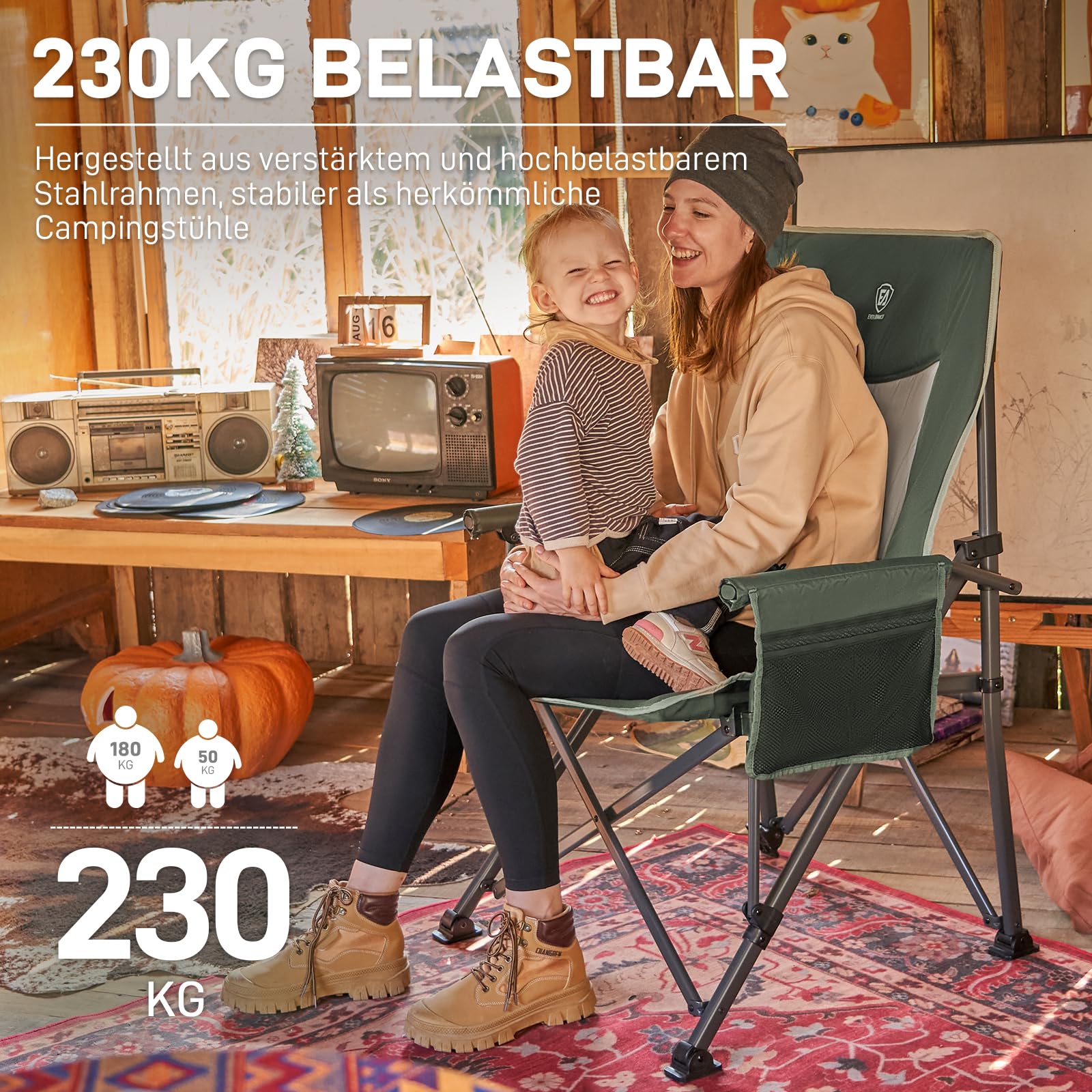 EVER ADVANCED Campingstuhl Faltbar 230KG Belastbar XL 62cm Sitzbreit