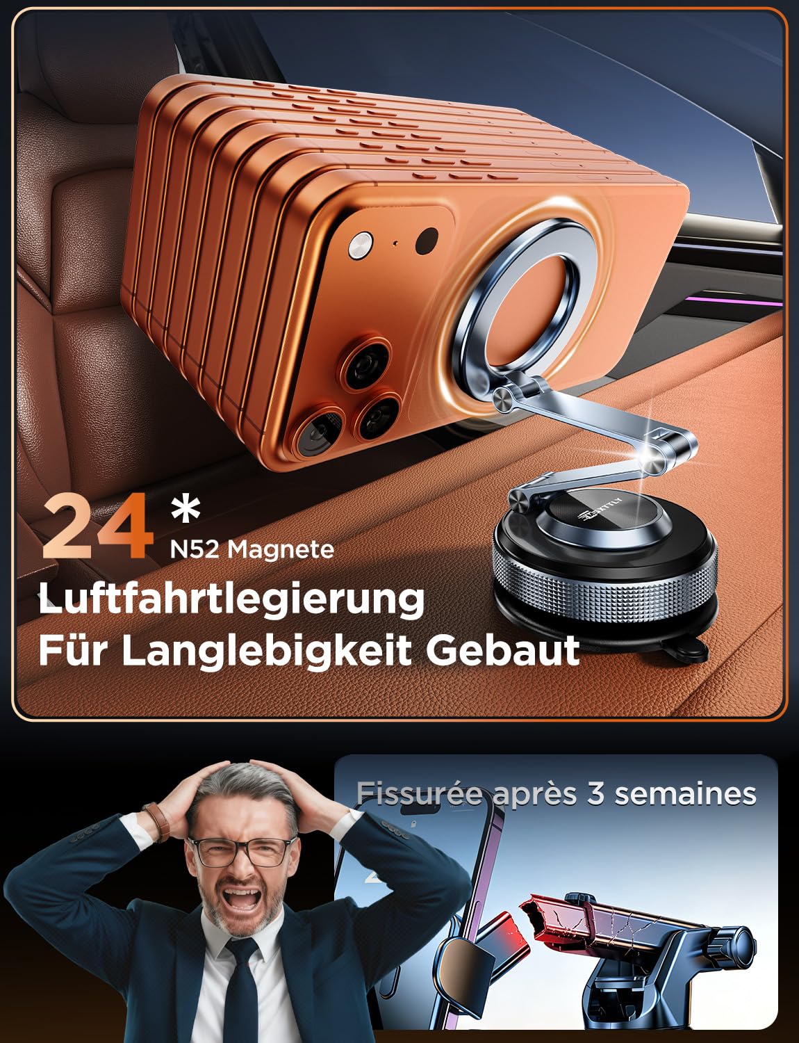 MSXTTLY Handyhalterung Auto–Vmag S3 2026 Magnetische Handyhalterung Auto mit Metall-Dual-Fold-Arm & Erweiterter Reichweite, Kompatibel mit iPhone 17 Pro Max,16-12 & Android (mit Magnetring) Schwarz