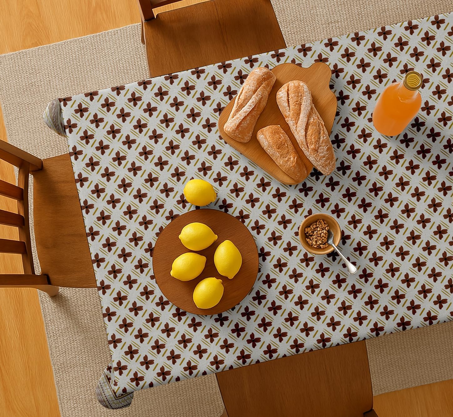 Floral Print Tablecloth - Brown Cotton Twill Fabric, 54X54 Inch Square Dining Table Cover for 4 Seater, Durable, Machine Washable, Everyday Dining, Matching Napkins & Runners Available