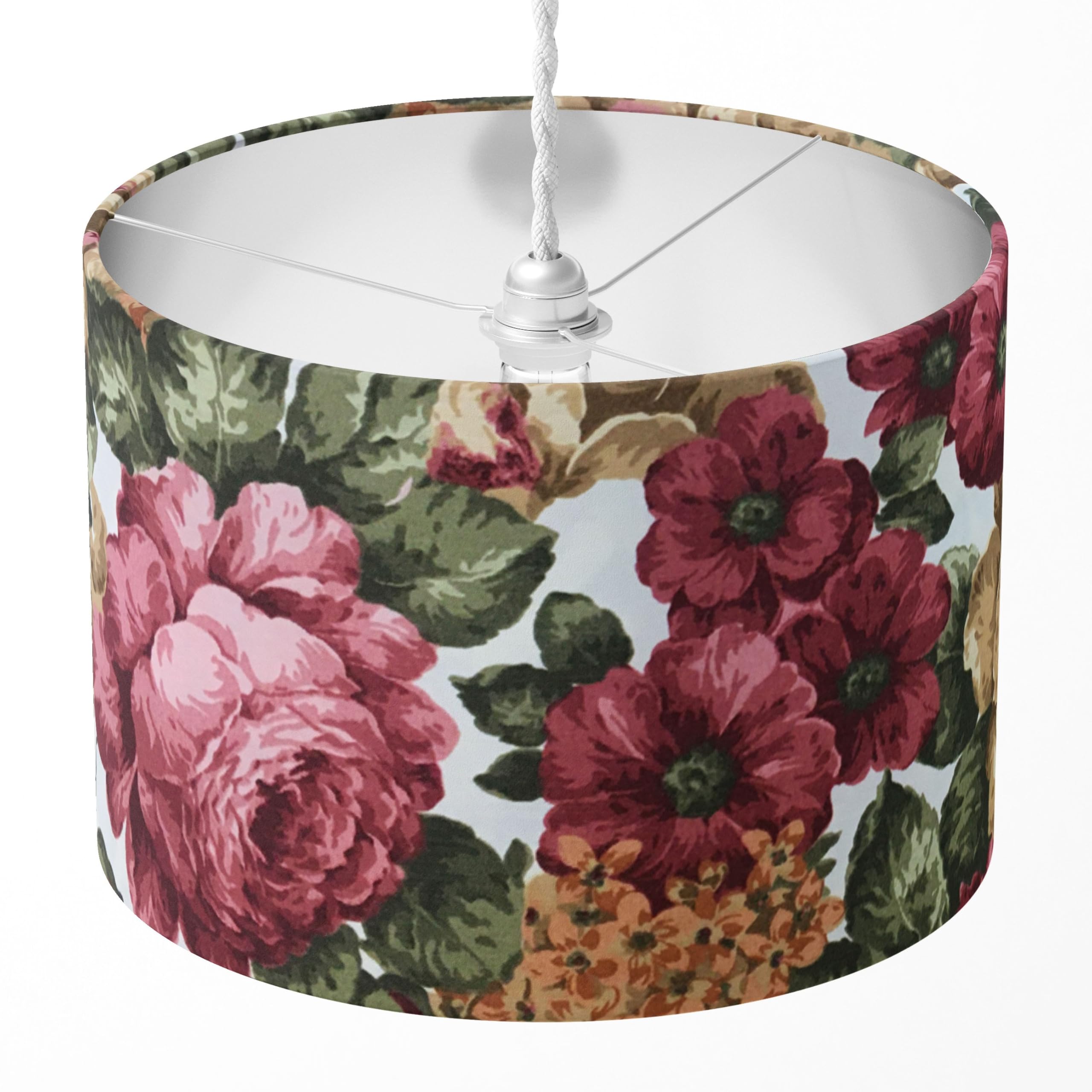 Red Rose Lampshade, Burgundy Floral Lampshade, Flower Lamp Shade, Sage Green Leaves Large Patterned Retro Bohemian Stylish Shabby Chic Table Floor Ceiling Light Pendant Bedroom Fabric Drum Lampshade