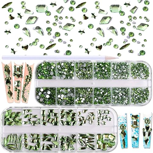 JERCLITY 1620 diamantes de imitación para uñas, color verde claro, piedras verdes claras para uñas, cuentas redondas, 6 tamaños (1.5 a 0.157 in),