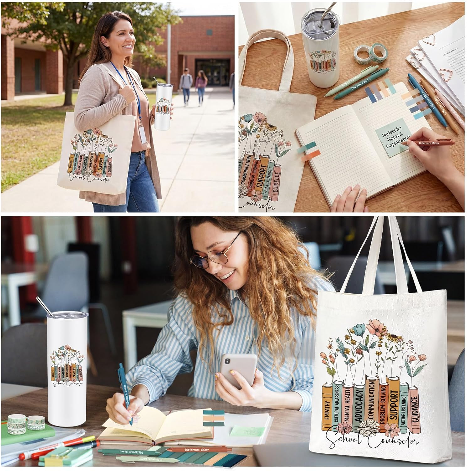 Geiserailie 35 Pcs School Counselor Office Must Haves End of School Year Teacher Appreciation Gifts Set for Women Include 20oz Tumbler Tote Bag Leather Notebook Pen Sticky Note Highlighter Paper Clip