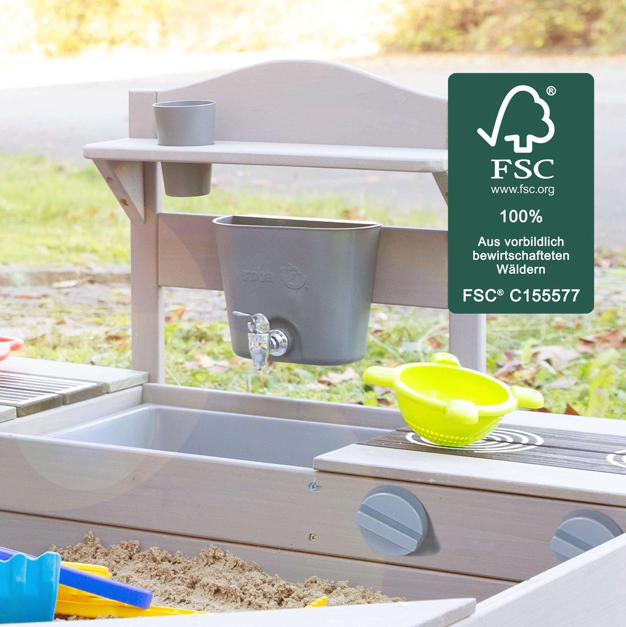 roba Bac à Sable 2 en 1 & Cuisine de Jeu pour Enfants - Certifié FSC® - avec Accessoires - Cuisine Compacte pour Balcon & Jardin - Gris