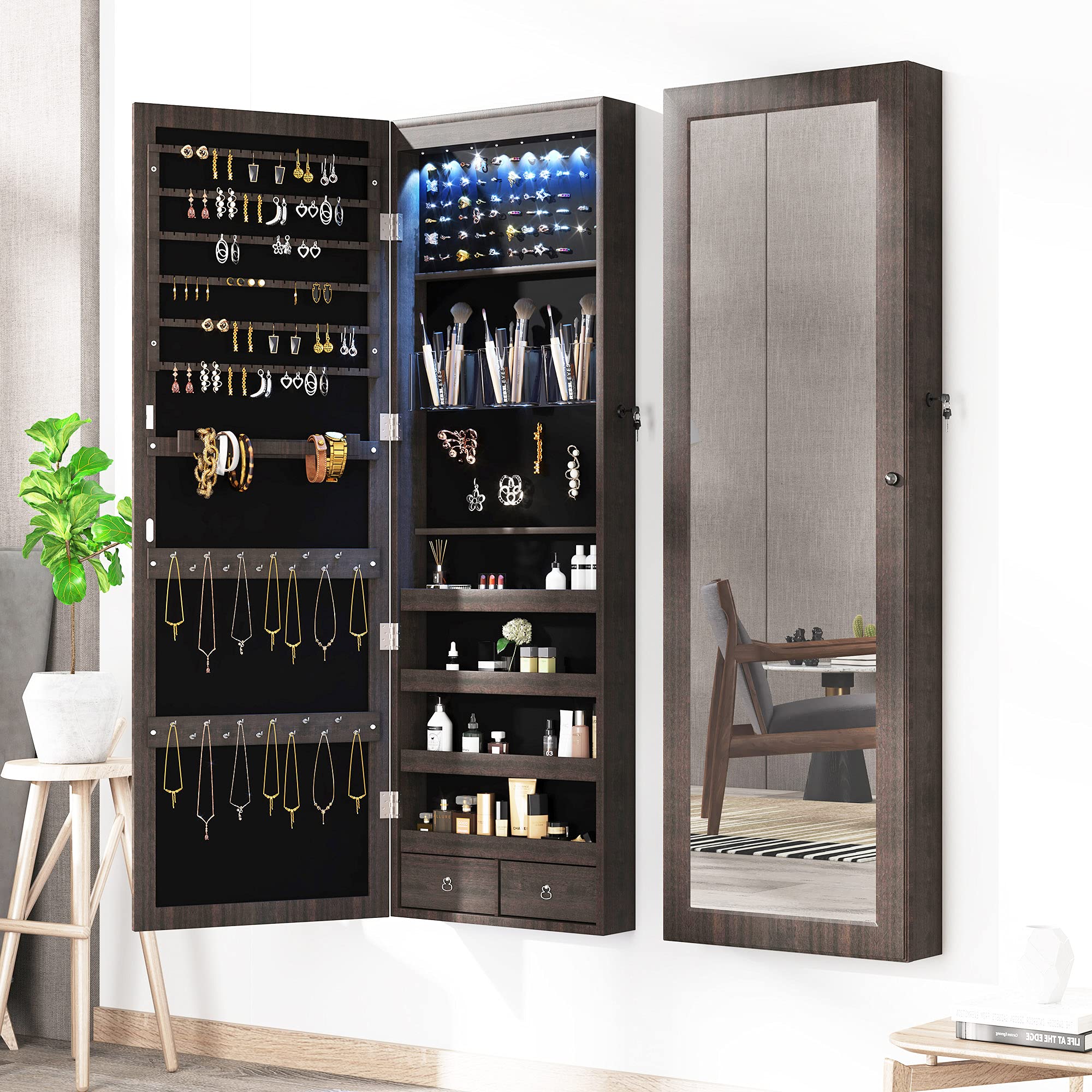 Buy 8 LED Lights Lockable Full mirror jewelry organizer wall mounted/door mounted Jewelry Box