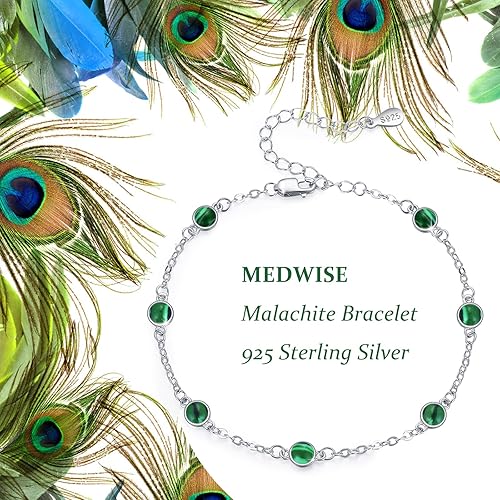 Miniatura 2 de MEDWISE Pulsera de malaquita para mujer, de plata de ley, 7 malaquitas, joyería redonda de malaquita, pulseras de cuentas de piedra natural,