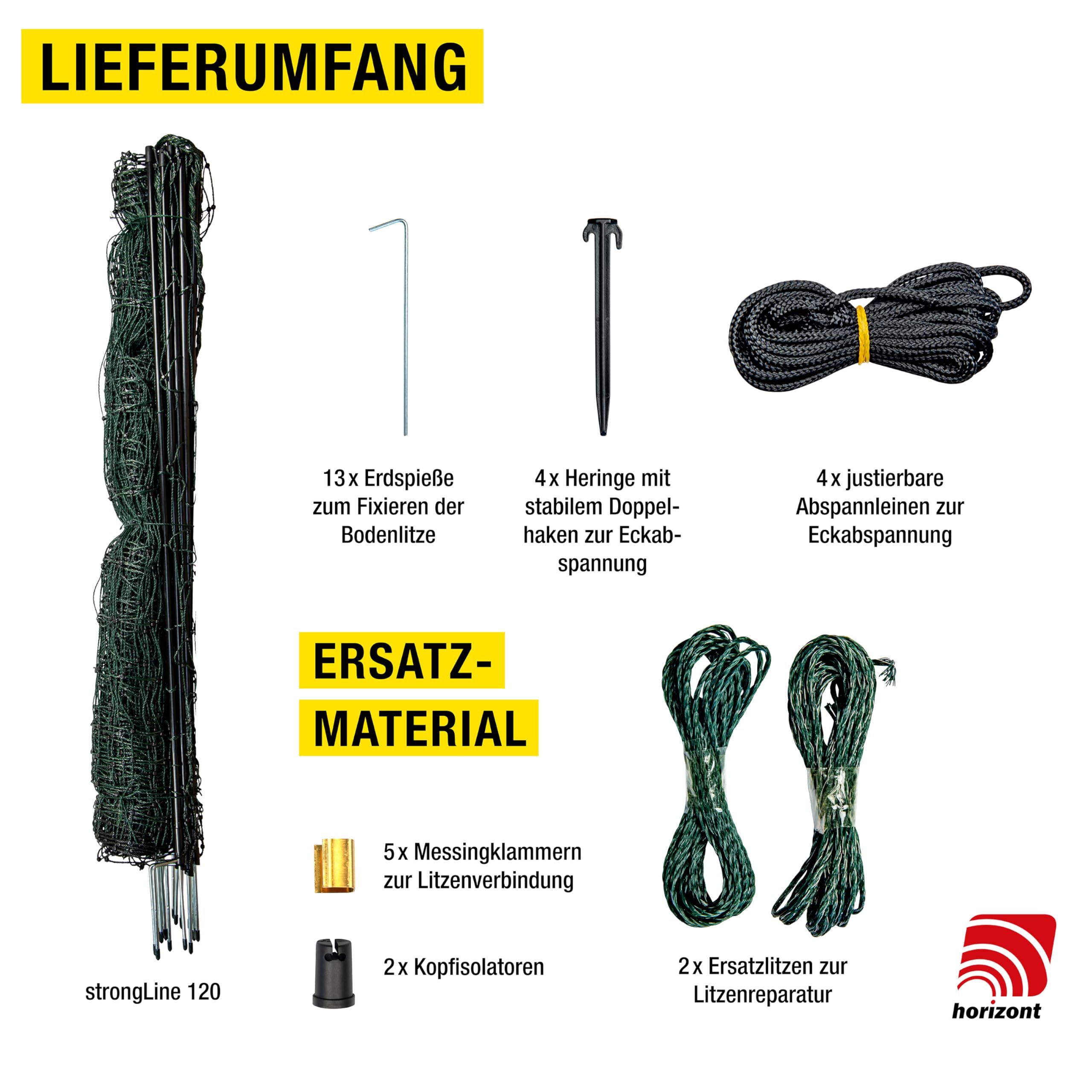 horizont strongLine Camping Hundezaun 50m lang, 120cm hoch - 15 Fiberglaspfähle Doppelspitze ohne Strom, grün, Zaun für Hunde, mobiler Zaun für Garten, Hof & Camping