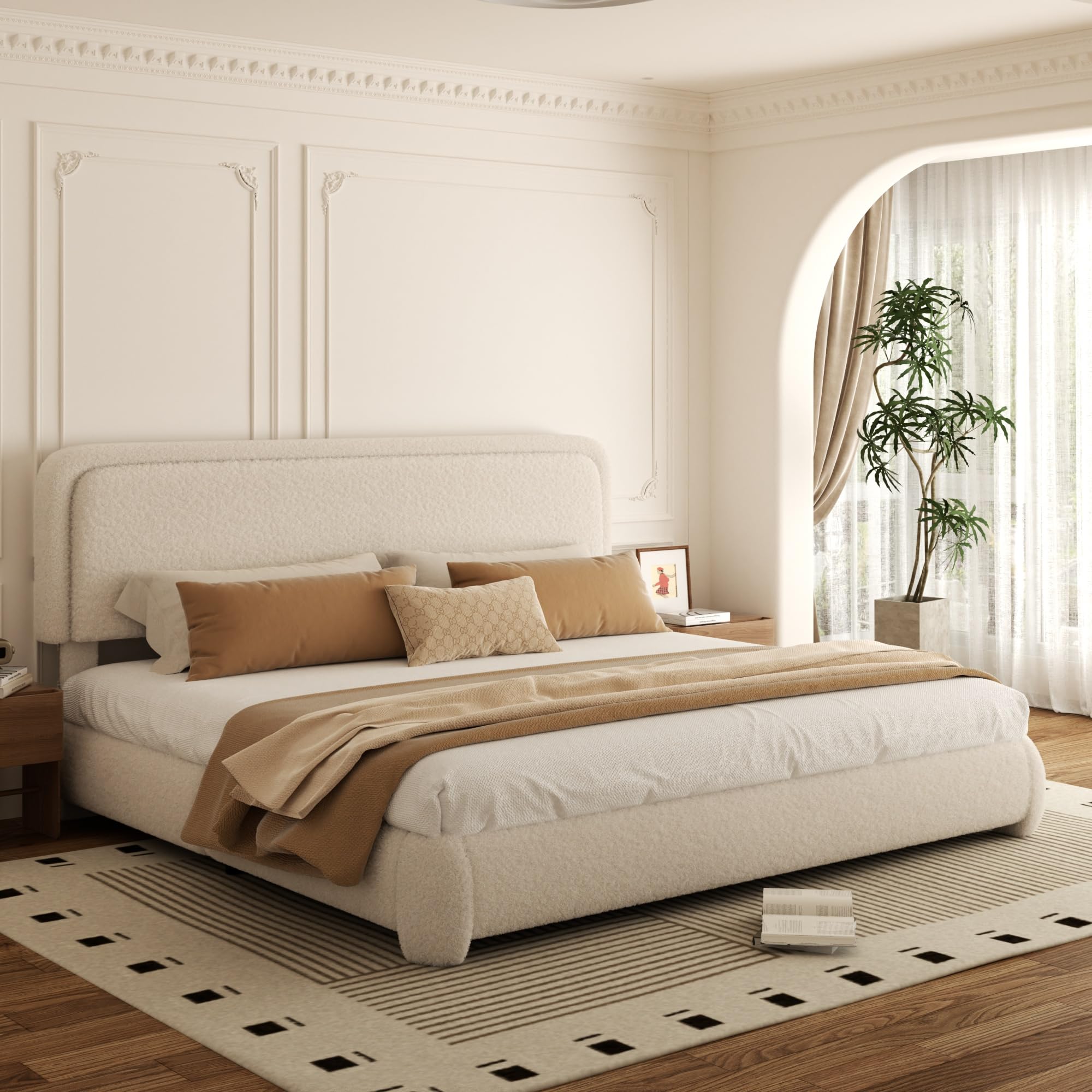 Konprosp King Bed Frame, Teddy Velvet Boucle Bed Frame with 43.3"/45.3" Adjustable Upholstered Headboard, Rounded Corners, Mattress Foundation, No Box