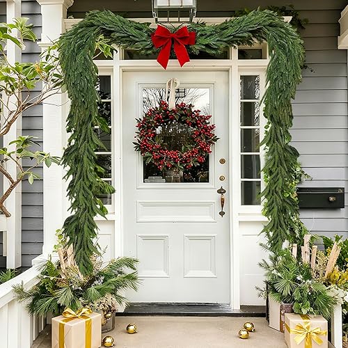 Miniatura 4 de Paquete de 2 guirnaldas de Navidad, guirnalda de pino Norfolk artificial de tacto real, vegetación realista de polietileno para manto, chimenea,