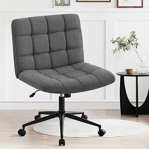 Furniliving Silla de escritorio de oficina sin brazos, silla giratoria acolchada de tela de lino, silla de oficina ajustable en casa con ruedas de