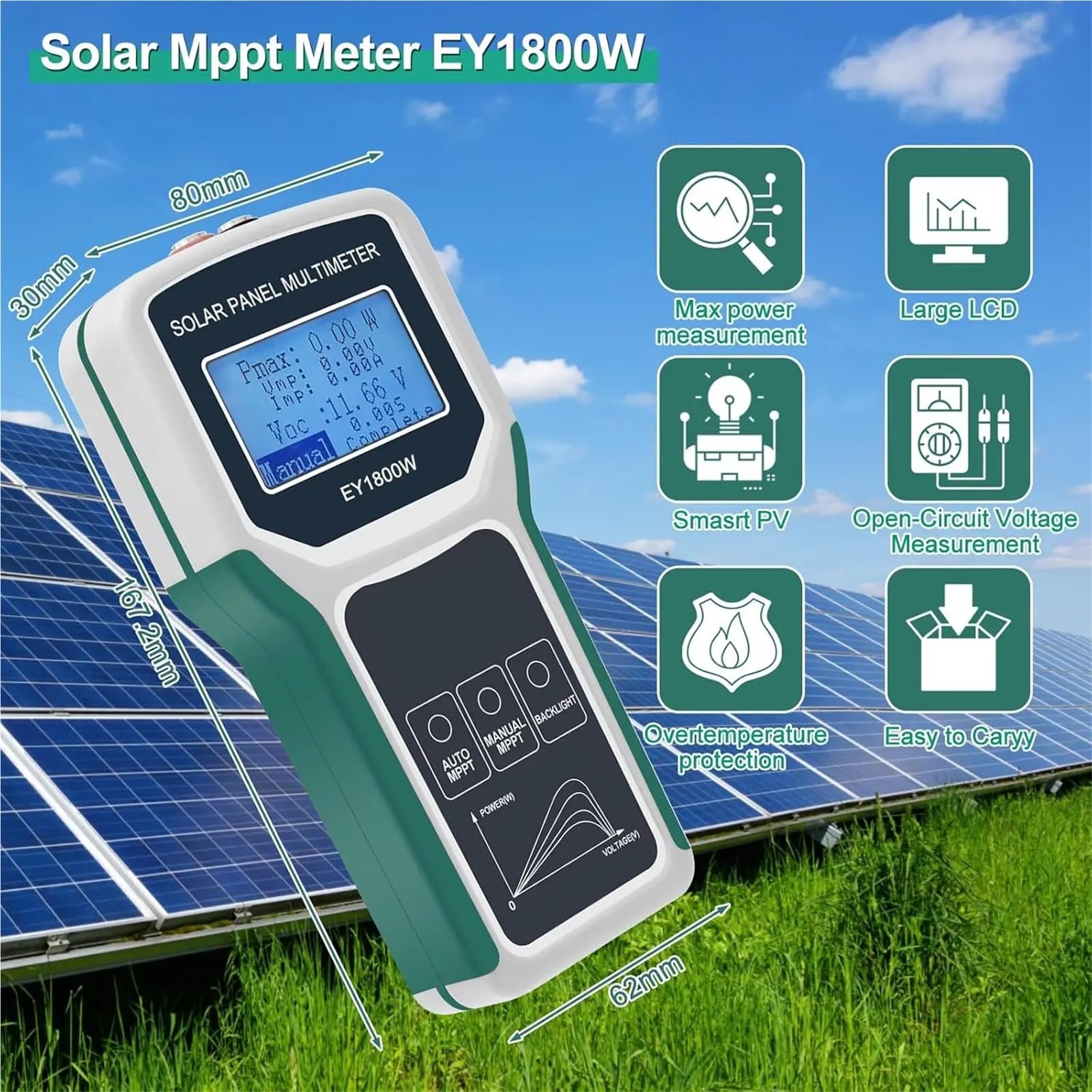 Inteligentny tester paneli słonecznych, automatyczny/ręczny multimetr do fotowoltaicznych MPPT o mocy 1800 W Wyczyść wyświetlacz