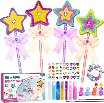 Ambesi اصنع مجموعة Princess Wand Craft الخاصة بك ، 4PCS Thick Wood Fairy Wands with Gem Stickers & Ribbons، Art Kits for Toddler, الفتيات رسم الحرف عيد ميلاد هدايا عطلة للفتيات الأعمار 3 4 5 6