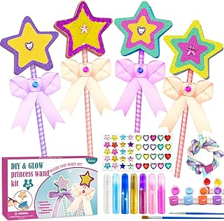 Ambesi Make Your Own Princess Wand Craft Kit, 4PCS Thick Wooden Fairy Wands with Gem Stickers & Ribbons, Art Kits for Toddler, Girls Painting Crafts Birthday Holiday Gifts for Girls Ages 3 4 5 6