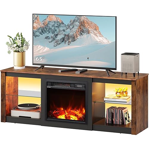 WLIVE Fireplace TV Stand for 65 Inch TV, 58" Entertainment Center with Fireplace, Modern TV Stands for Living Room, Entertainment Center with Glass Shelves, Rustic Brown