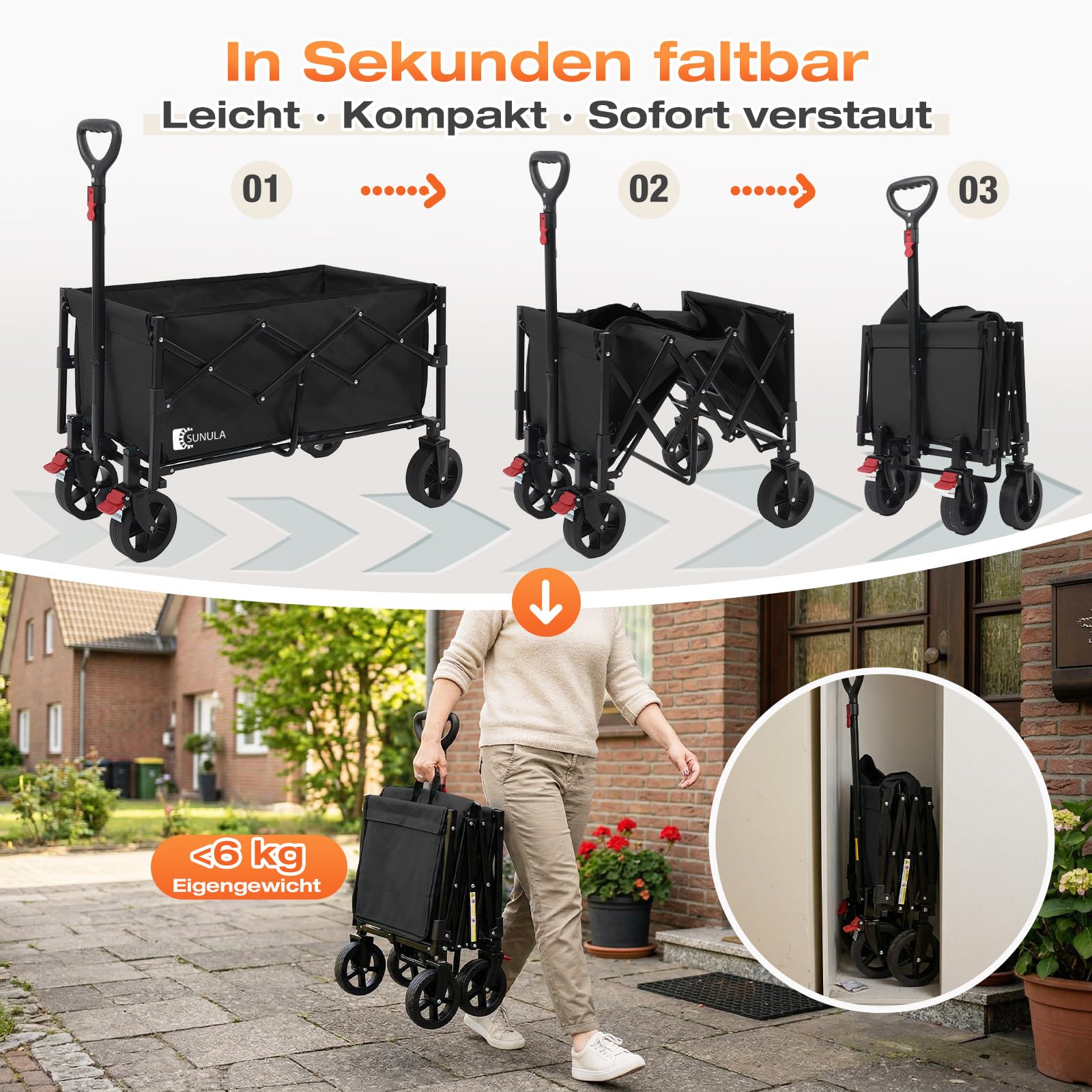 SUNULA Bollerwagen Faltbar Klein 80L 100KG, Faltbarer Bollerwagen Klappbarer Handwagen mit Halbiertem Eigengewicht, Faltbollerwagen Geländegängig mit Bremsen, Schwarz