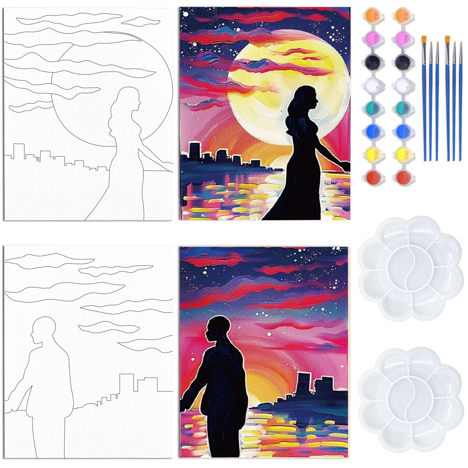 WEBEEDY 2 stuks hart zonsondergang voorgetekende canvas schilderset