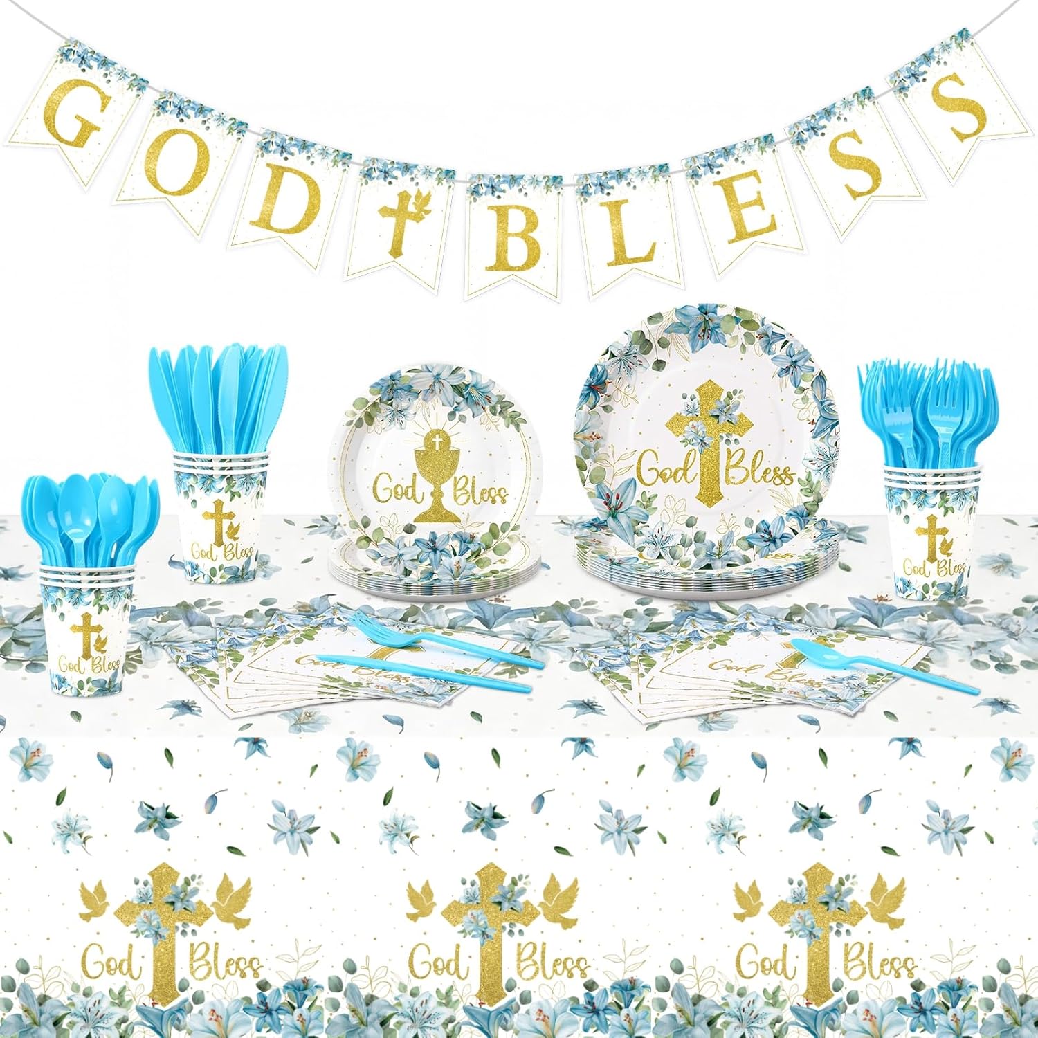Yungyan 171 Pieces God Bless Baptism Party Supplies First Communion Tableware Set Serves 24 Guests Baptism Plates Napkins Cups Tablecloth for Newborn Baby Shower Christening Party Decoration (Pink)