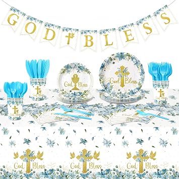 Yungyan 171 Pieces God Bless Baptism Party Supplies First Communion Tableware Set Serves 24 Guests Baptism Plates Napkins Cups Tablecloth for Newborn Baby Shower Christening Party Decoration Blue