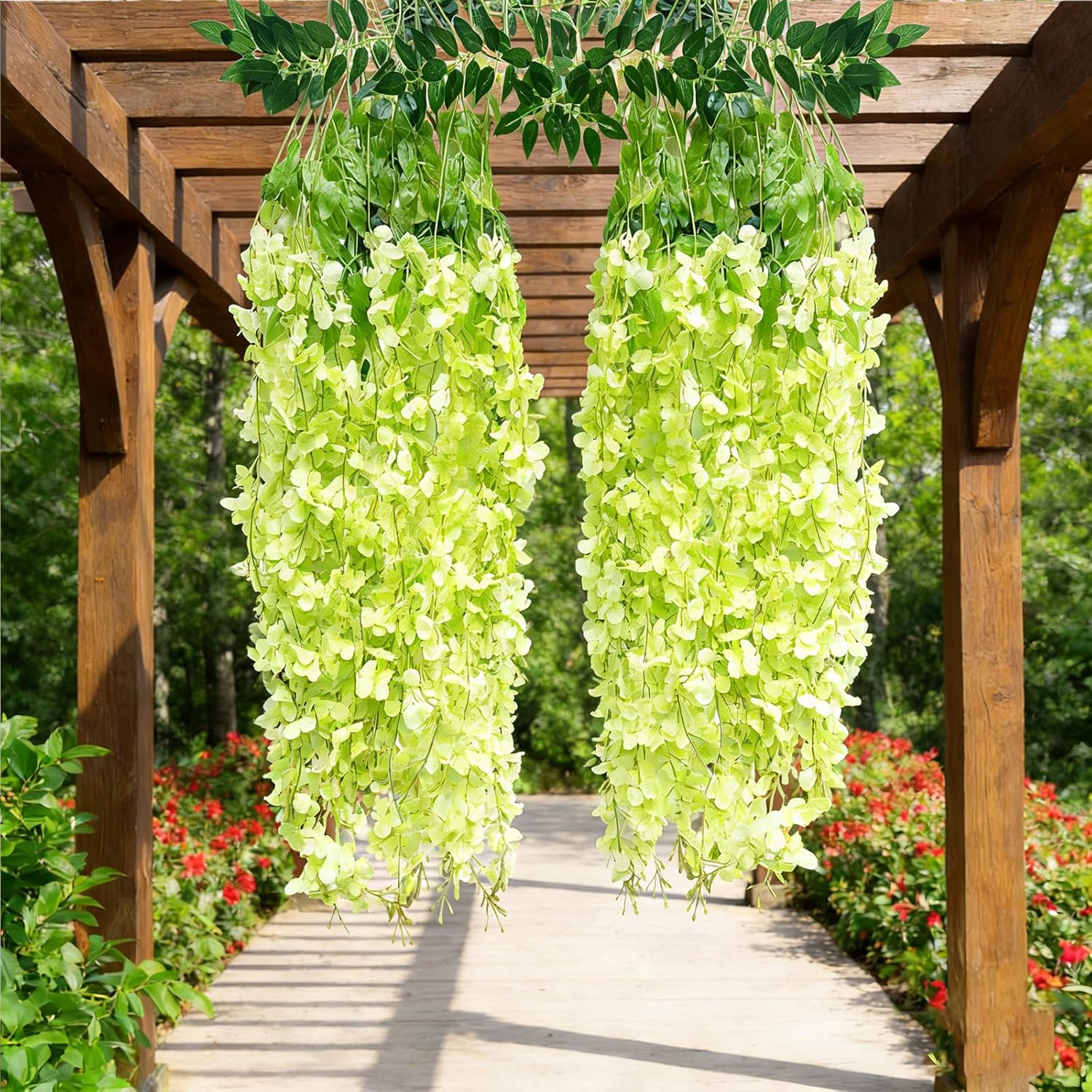 HUAHUA Artificial Wisteria Flowers, White Dense Artificial Fake Wisteria Vine Ratta Hanging Garland Silk Flowers String for Home Party Wedding Decor (24pcs Green)