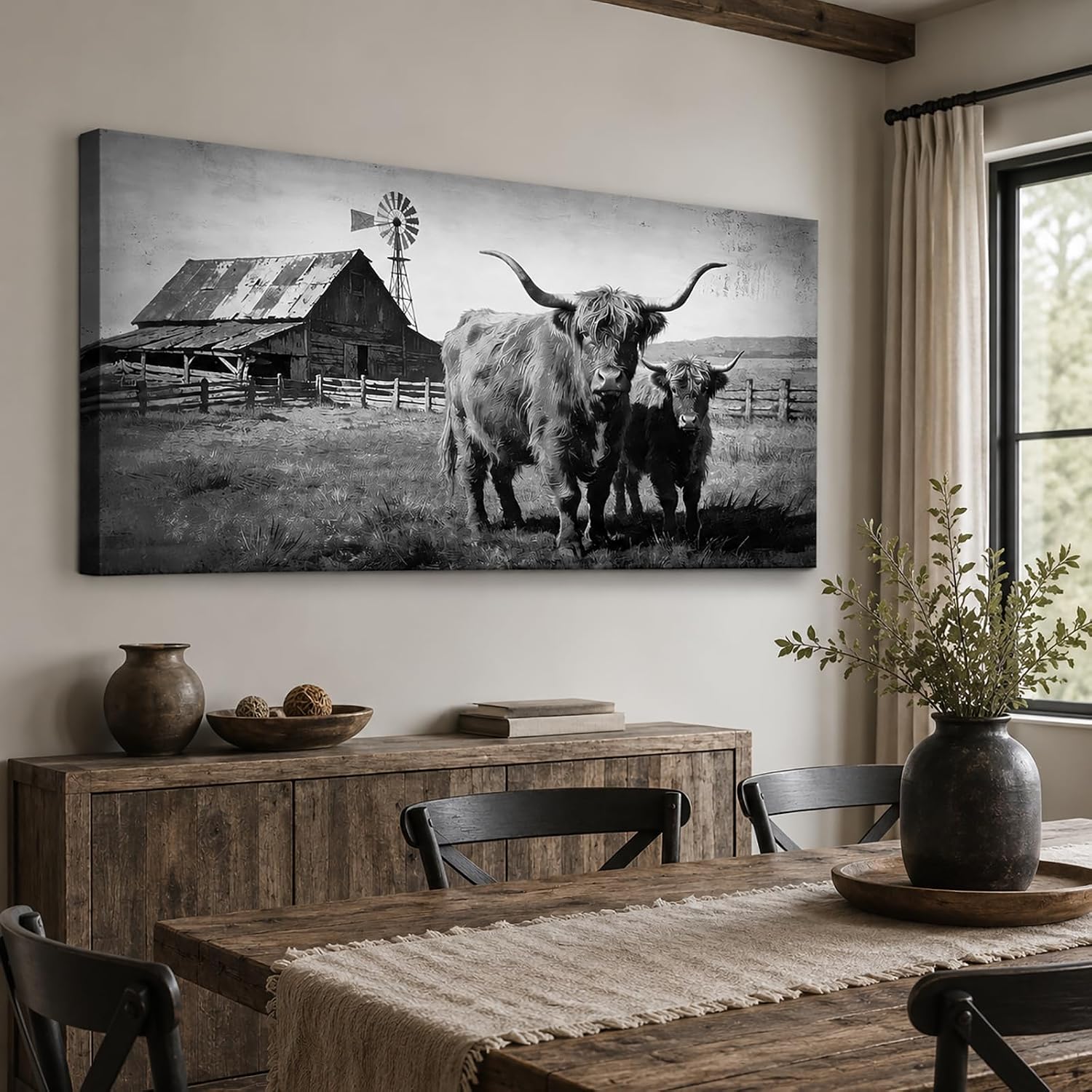 OuElegent Highland Cow Canvas Wall Art Rustic Western Farm Canvas Ranch Landscape Painting with Barn and Windmill Panoramic Farmhouse Wall Decor for Living Room Bedroom 24''x48'' (black white)