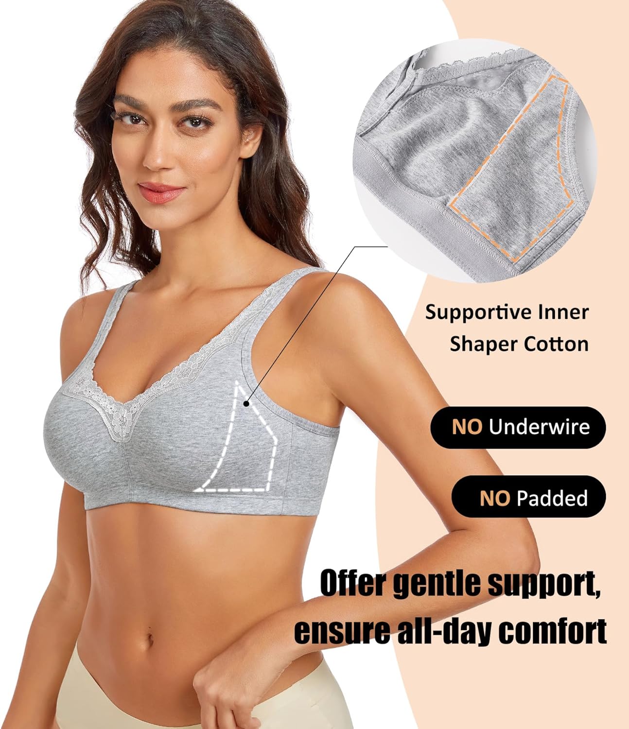 Women's Cotton Bra Non Padded Wirefree Lift Lace Floral Plus Size Comfort Everyday Bras - Image 2