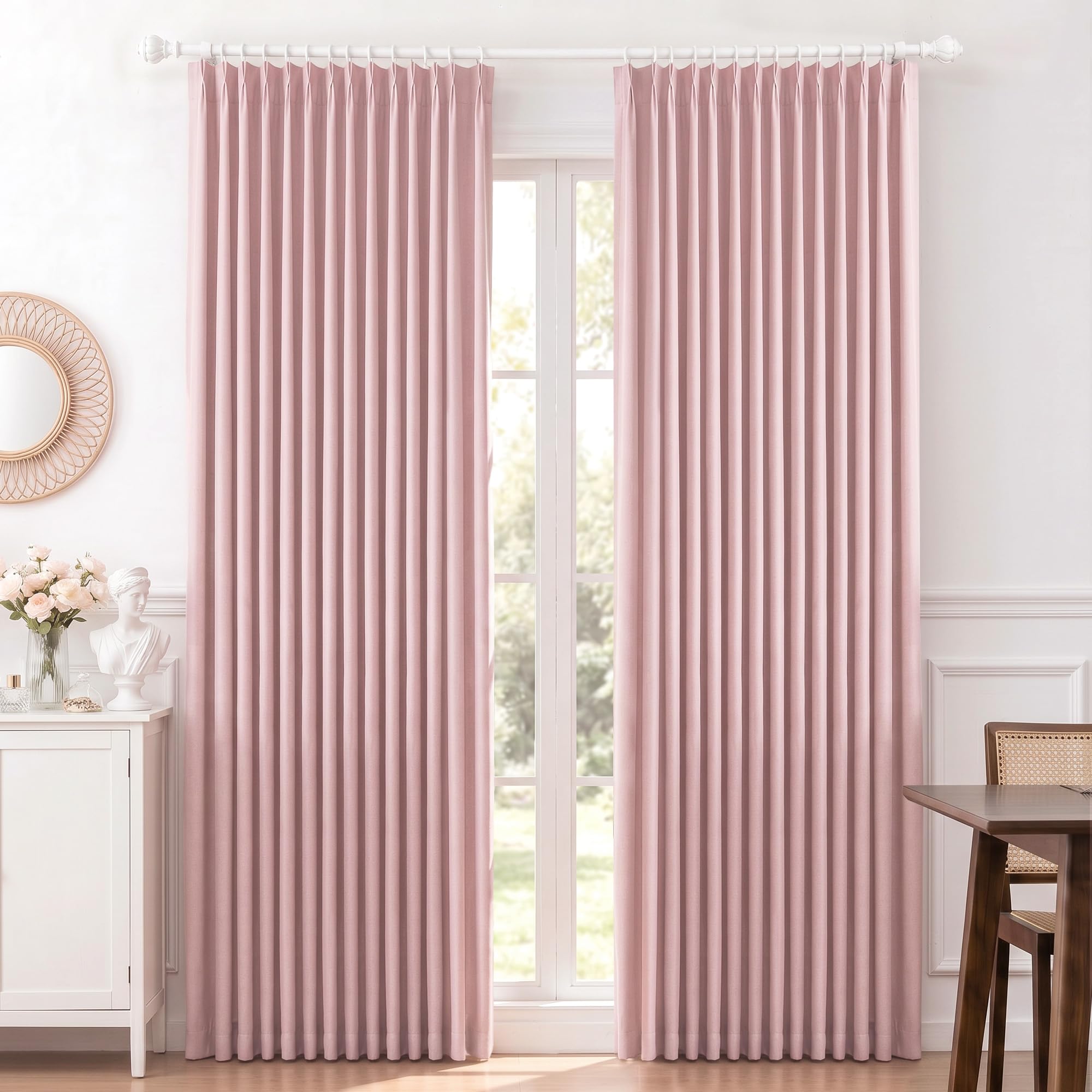 MYSKY HOME Pink Linen Pinch Pleated 100% Blackout Curtains 40Wx96L,2 Panels