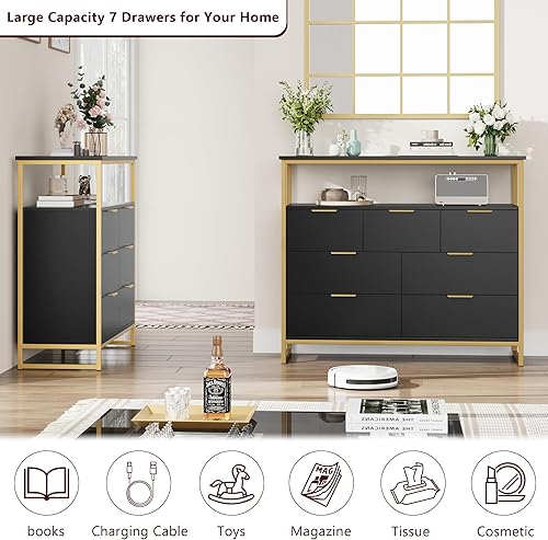 Miniatura 5 de Cómoda de 7 cajones, cómoda negra, cómoda ancha con asas de metal, organizador de almacenamiento de gran capacidad para sala de estar, entrada,
