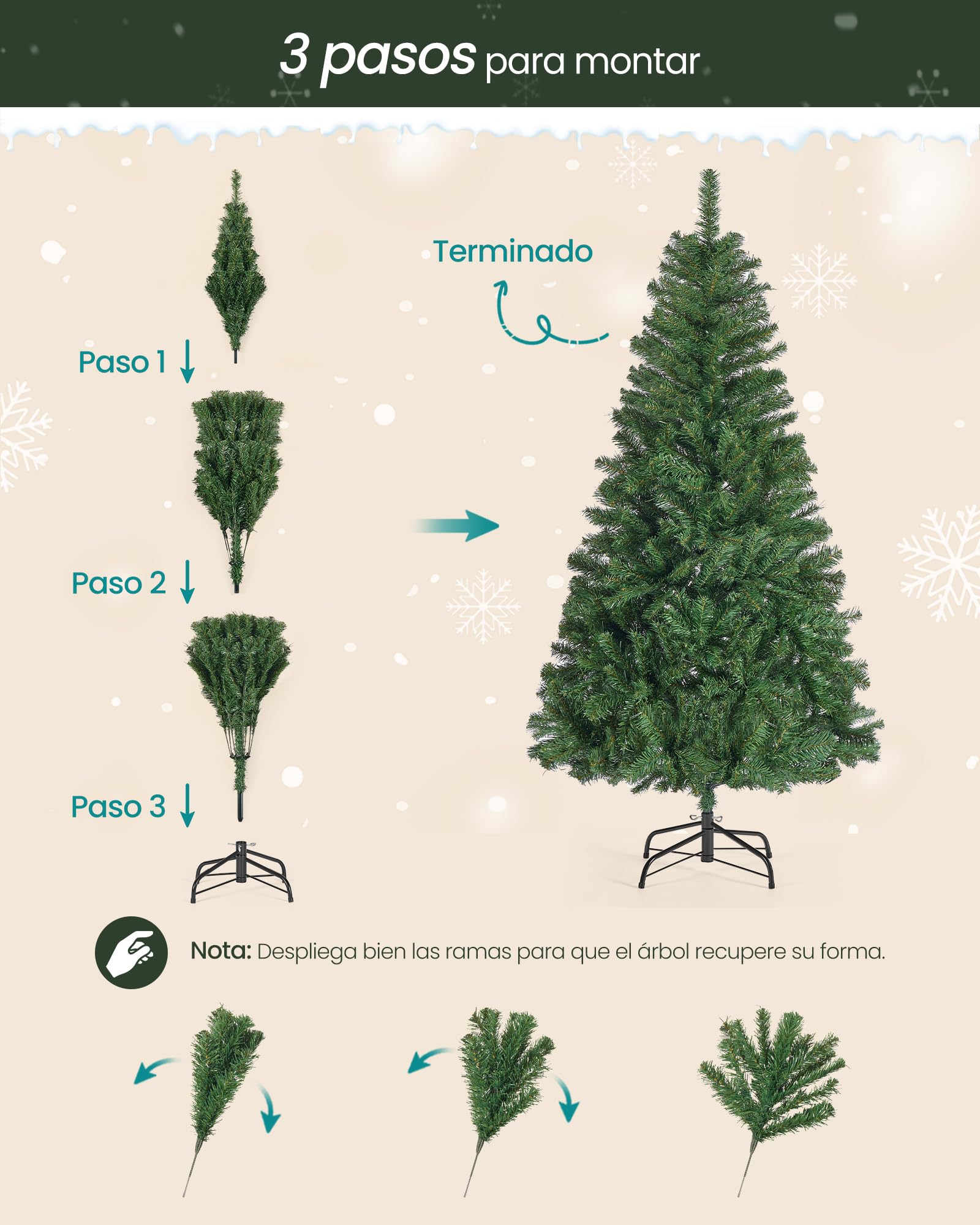 SONGMICS Árbol de Navidad Artificial, Abeto de 180 cm, Ramas de PVC, con Soporte de Metal, Montaje Rápido, Verde LAT002CZ01
