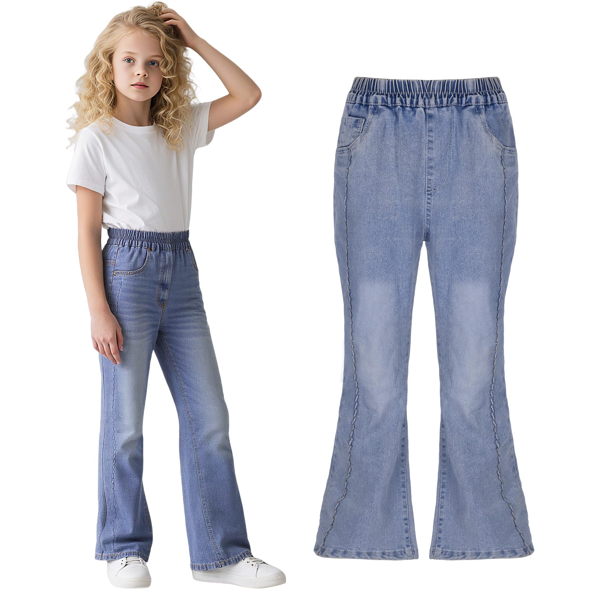 Vaqueros para Niñas, Baggy Cintura Elástica Denim Jeans Pierna Ancha Pantalones Azul Largo Jean con Bolsillos Casuales Moda Streetwear Junior Ropa Infantil Pants para 6-15 años